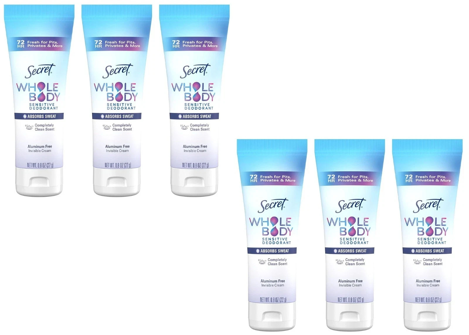 Secret Whole Body Deodorant Cream Clean Scent Aluminum Free 0.8 oz 6-Pack