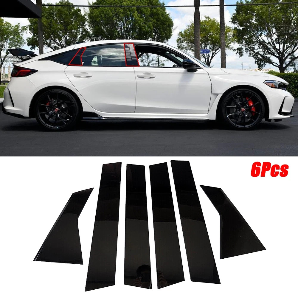 For 2022–2025 Honda Civic Hatchback Gloss Black PC Window B-Pillar Trim 6Pcs