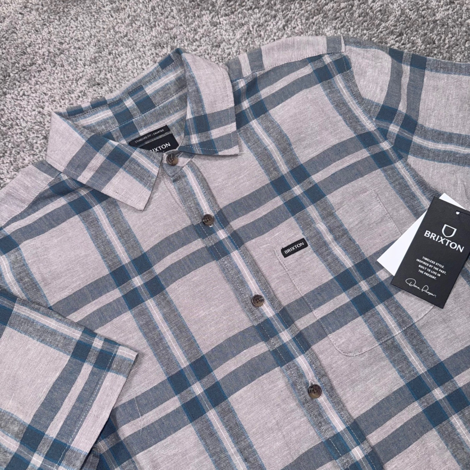 Brixton Charter Button Up Men Linen Blend Plaid Grey Blue M NEW