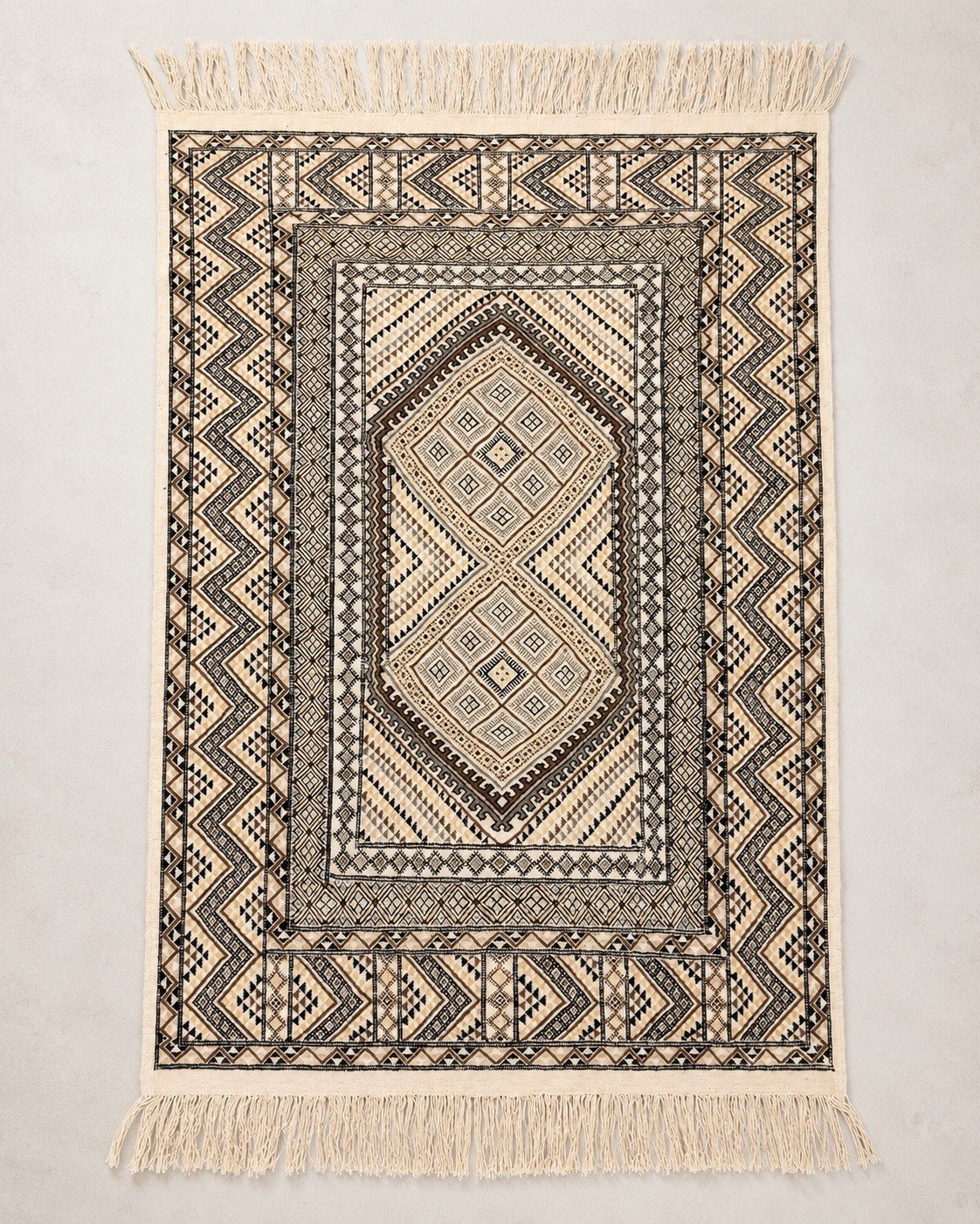 Vintage Tunisian Wool Rug 4x6 Margoum Hand Knotted Geometric Ivory Brown Carpet