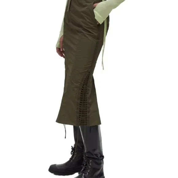NWOT Helmut Lang Burnt Olive Nylon Taffeta Lacing Midi Skirt - Size 2