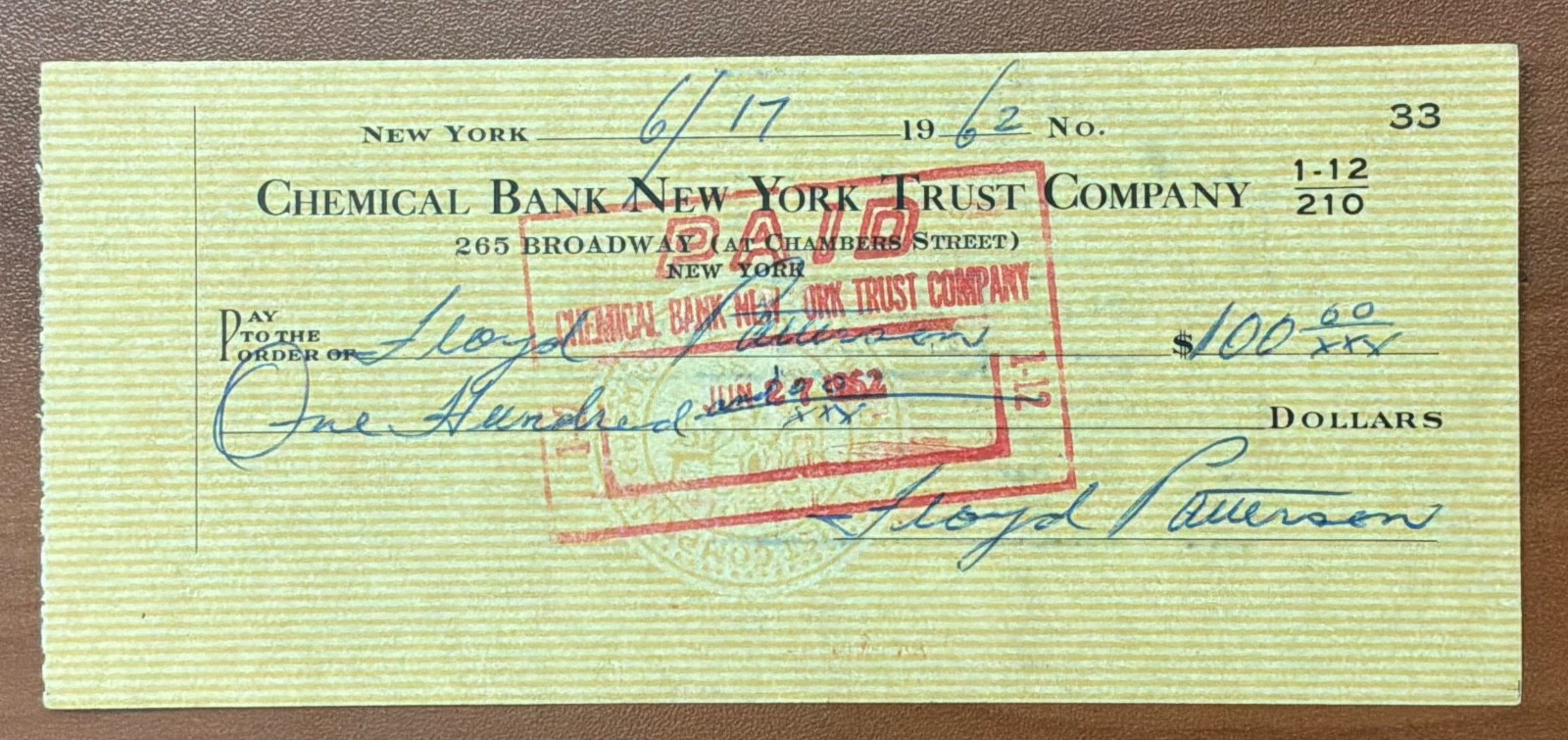 Floyd Patterson Signed RARE Vintage 1962 Check 3 Months Before Liston Fight # 1