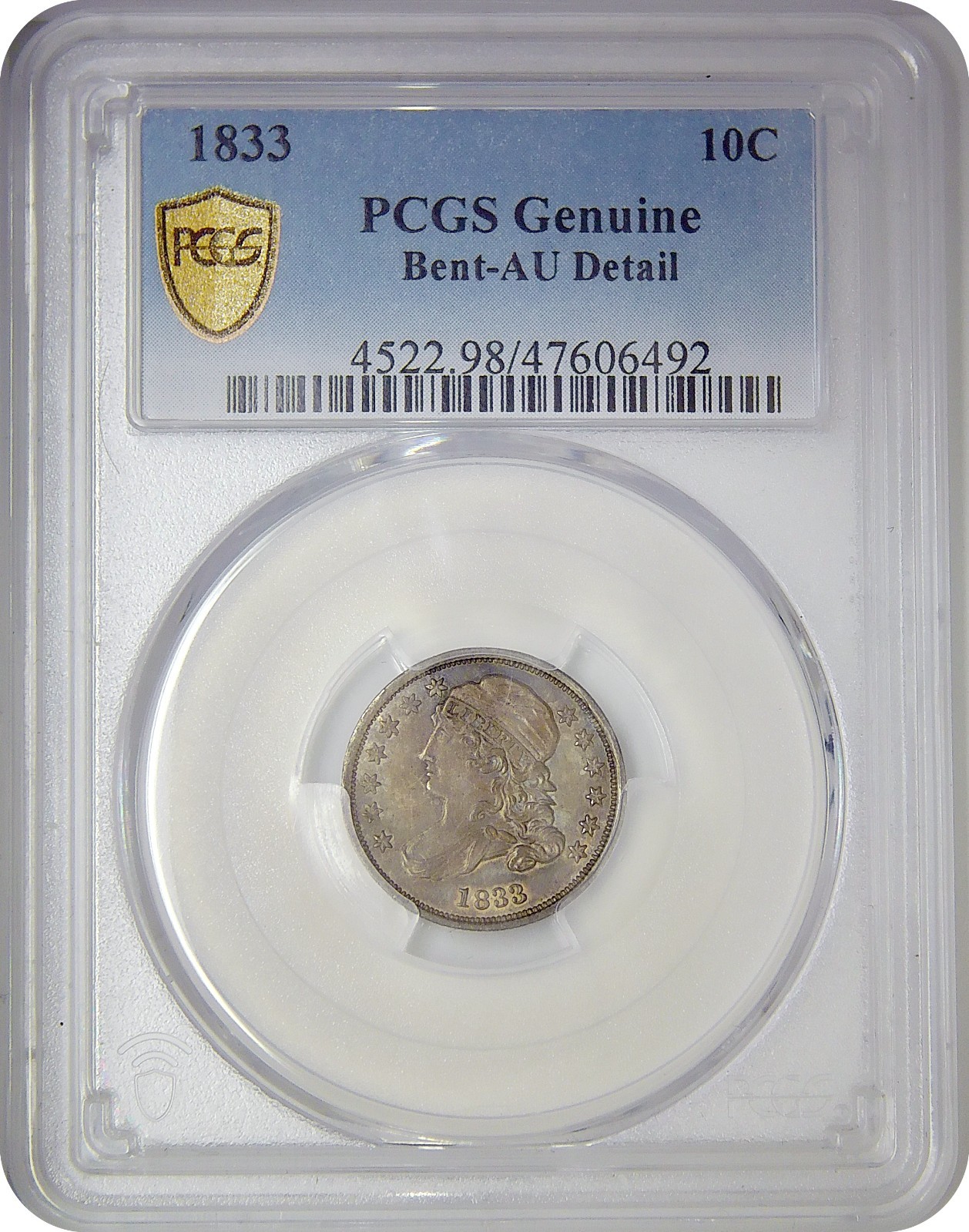 1833 Capped Bust Dime 10¢ PCGS AU About Uncirculated Detail Bent TrueView