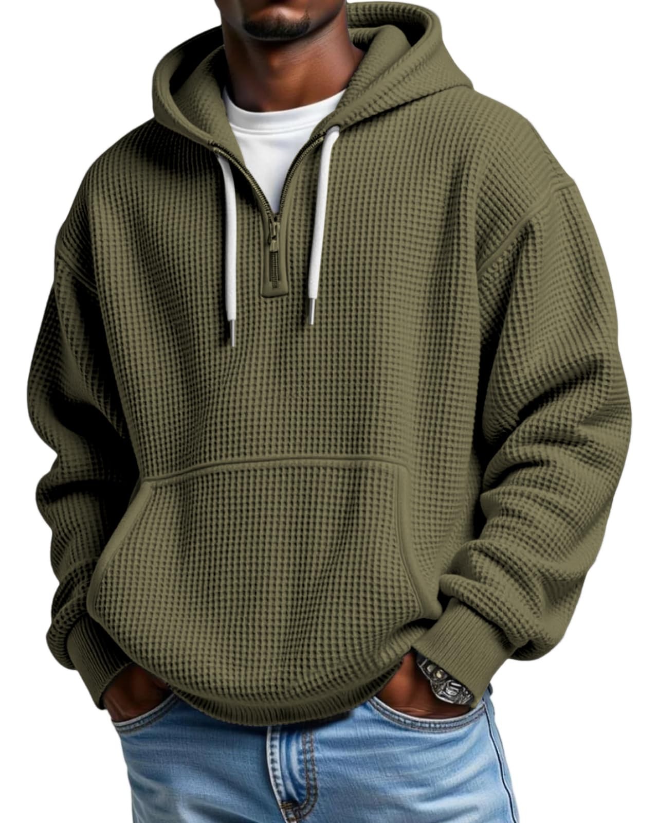 Mens Quarter Zip Hoodie Waffle Knit Pullover Long Sleeve Casual Sweatshirt Mens Quarter Zip Hoodie Waffle Knit Pullover Long Sleeve Casual Sweatshirt