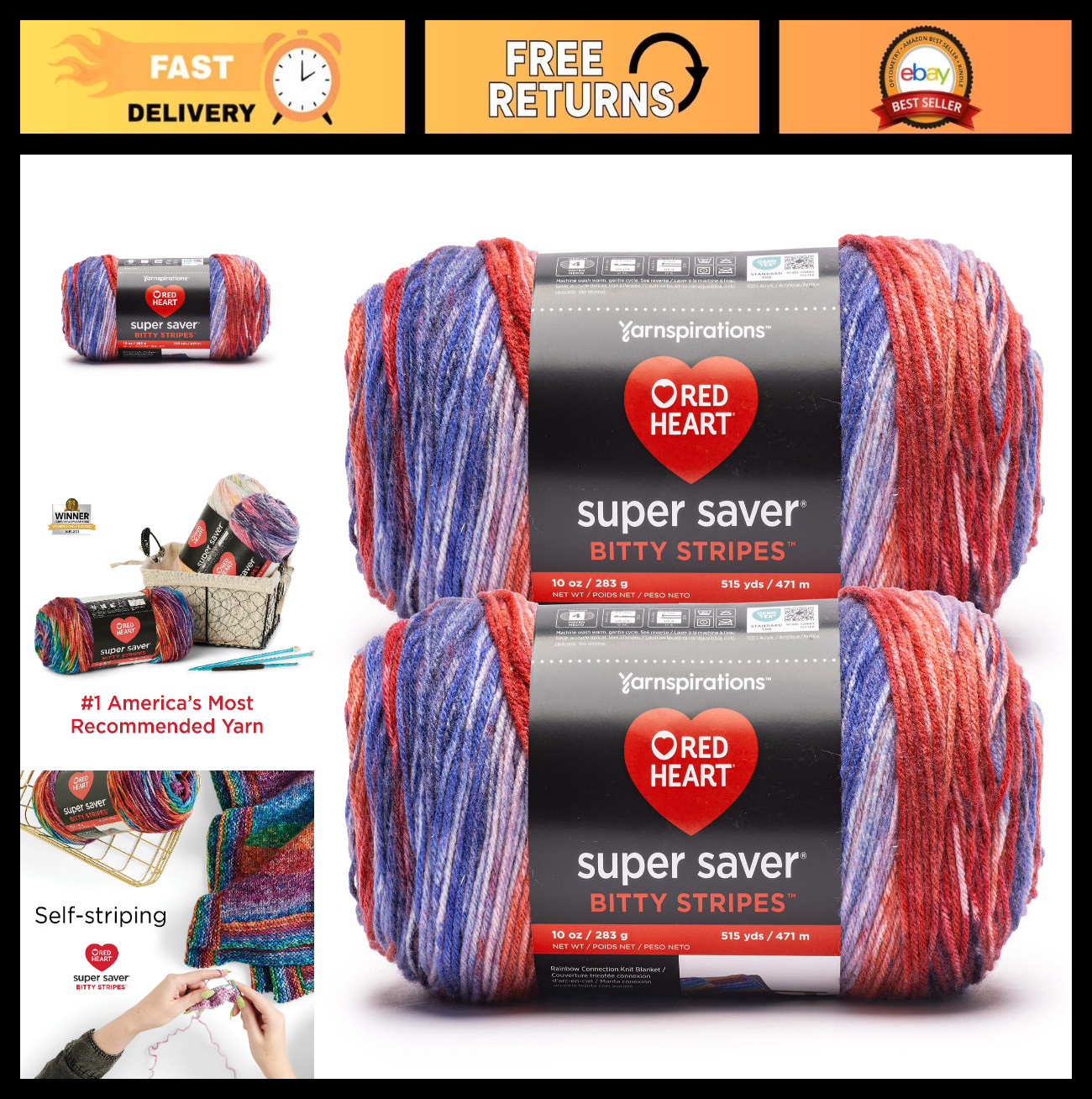 2-Pack Crochet Yarn, Bitty Stripes Firework - Premium Soft Yarn for Knitting & C