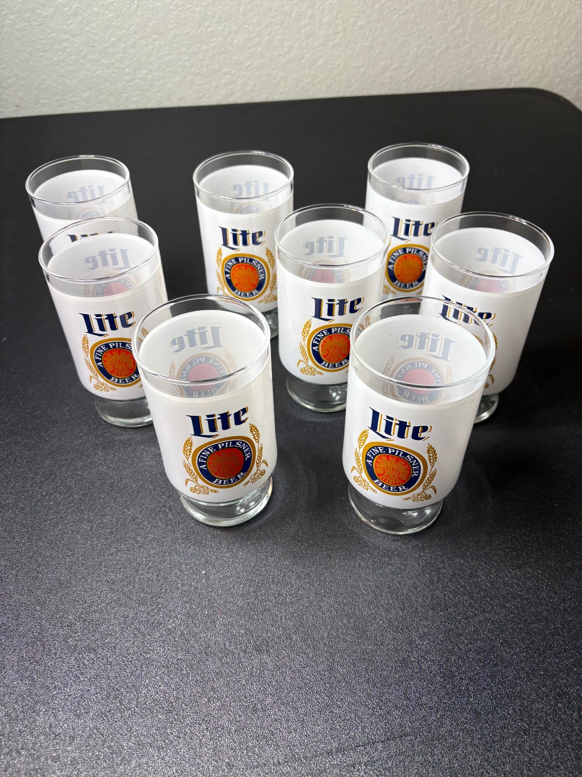 Set of 8 Vintage Miller Lite Glasses 10 oz Footed 5.25\ Set of 8 Vintage Miller Lite Glasses 10 oz Footed 5.25\