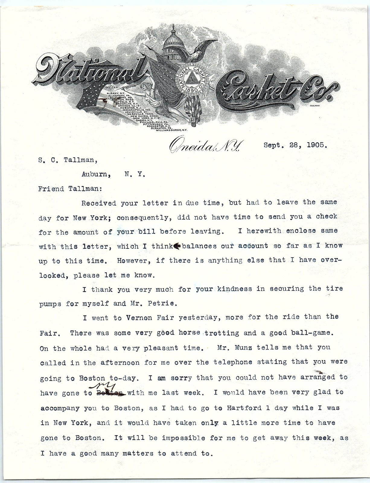 1905 National Casket Co. letterhead, NY - Business letter 1905 National Casket Co. letterhead, NY - Business letter