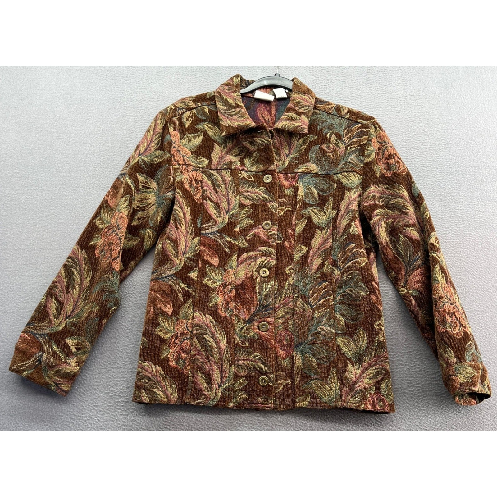 Chicos Tapestry Jacket Womens Sz S Floral Print Button Front Brown Multi Color