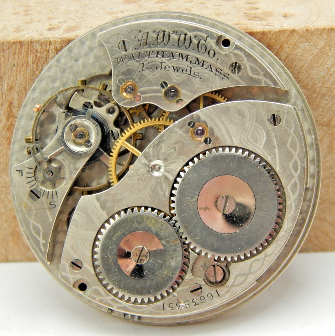 Antique 1908 Waltham 15 jewel 12s 220 open face pocket watch movement with dial
