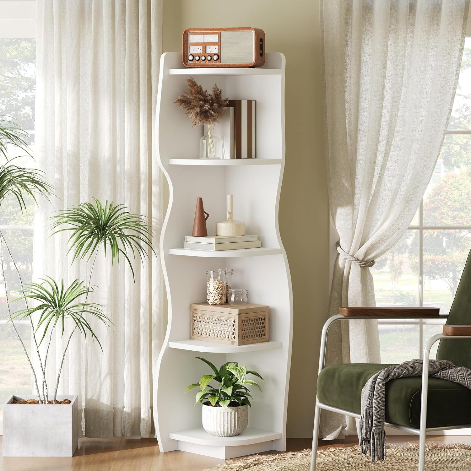HOOBRO Corner Shelf with Light 5-Tier Modern Corner Bookshelf Display Bookcase