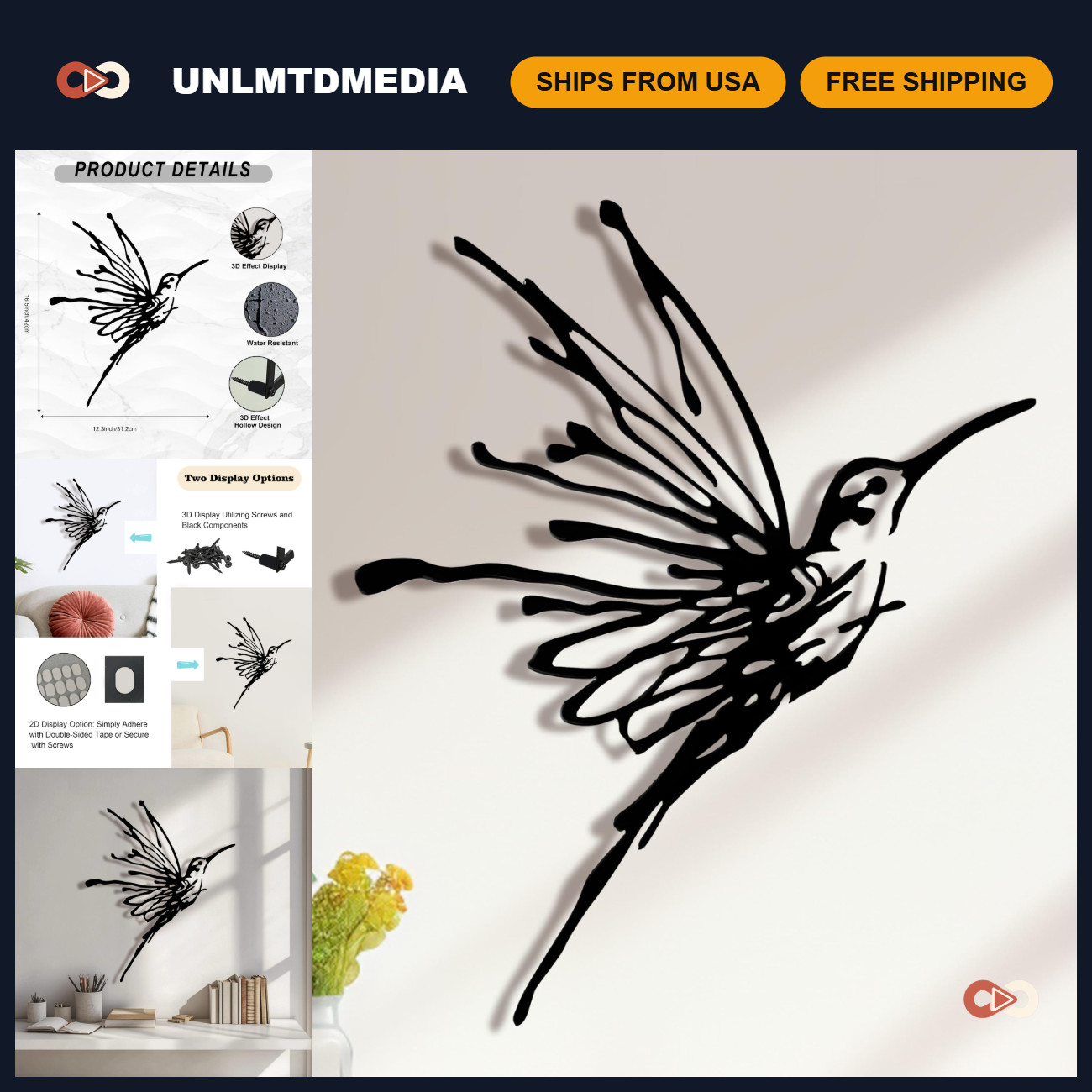 3D Metal Hummingbird Wall Art - Black Outdoor Decor, Waterproof, 12.3\