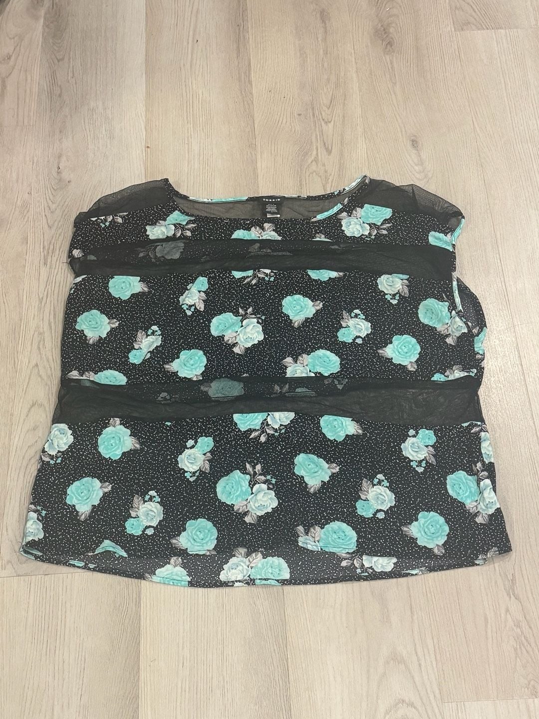 Torrid Mesh Floral Top Size 1 Black Teal Roses