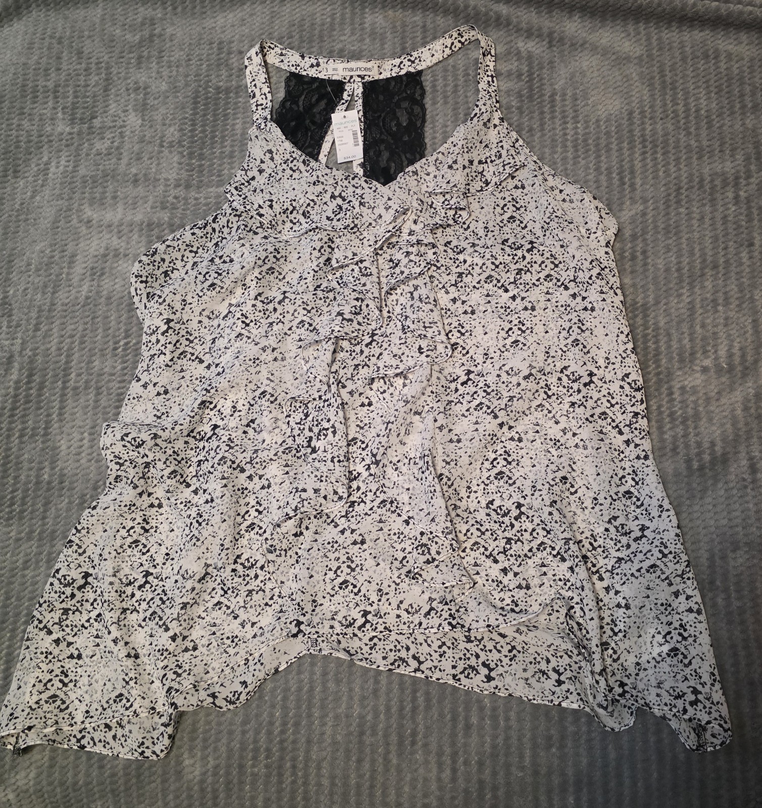 NWT maurices Women’s Tank Top Speckled Black/White Ruffle Lace Back Sz 3 NWT maurices Women’s Tank Top Speckled Black/White Ruffle Lace Back Sz 3