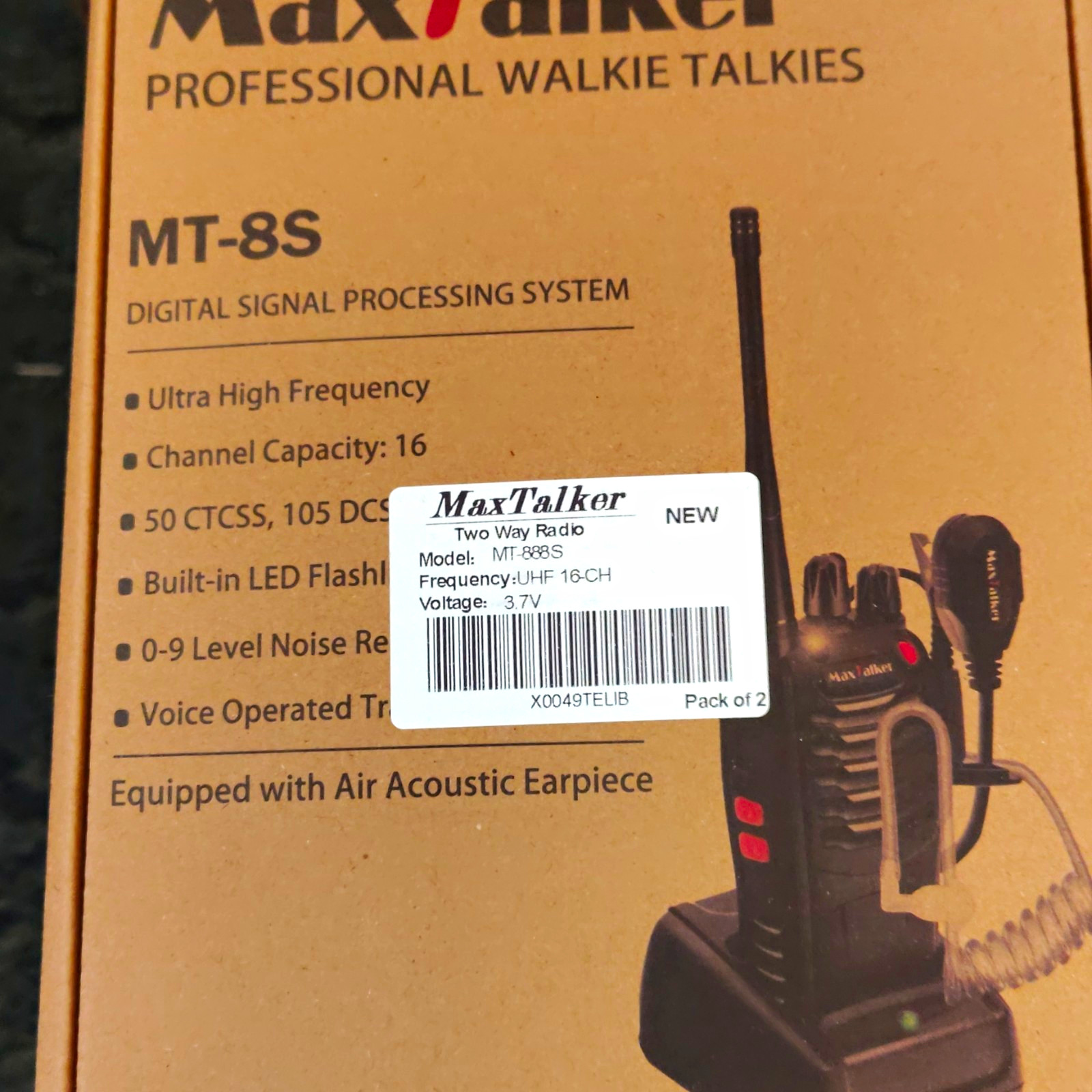 MaxTalker MT-8S UHF Handheld Two-Way Radio 16CH 3.7V Black 2-Pack