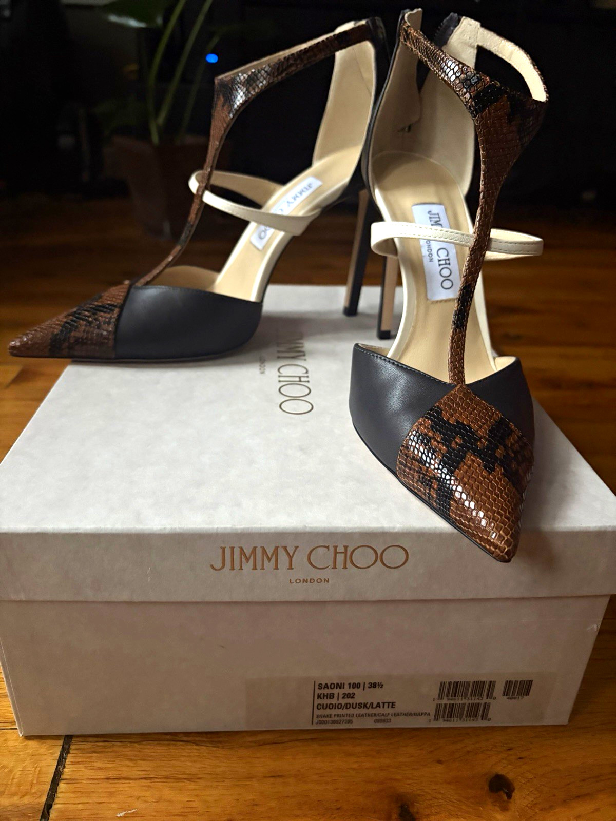 Jimmy Choo Women’s Snake Print Leather Strappy Ankle Strap Heels EU 38.5