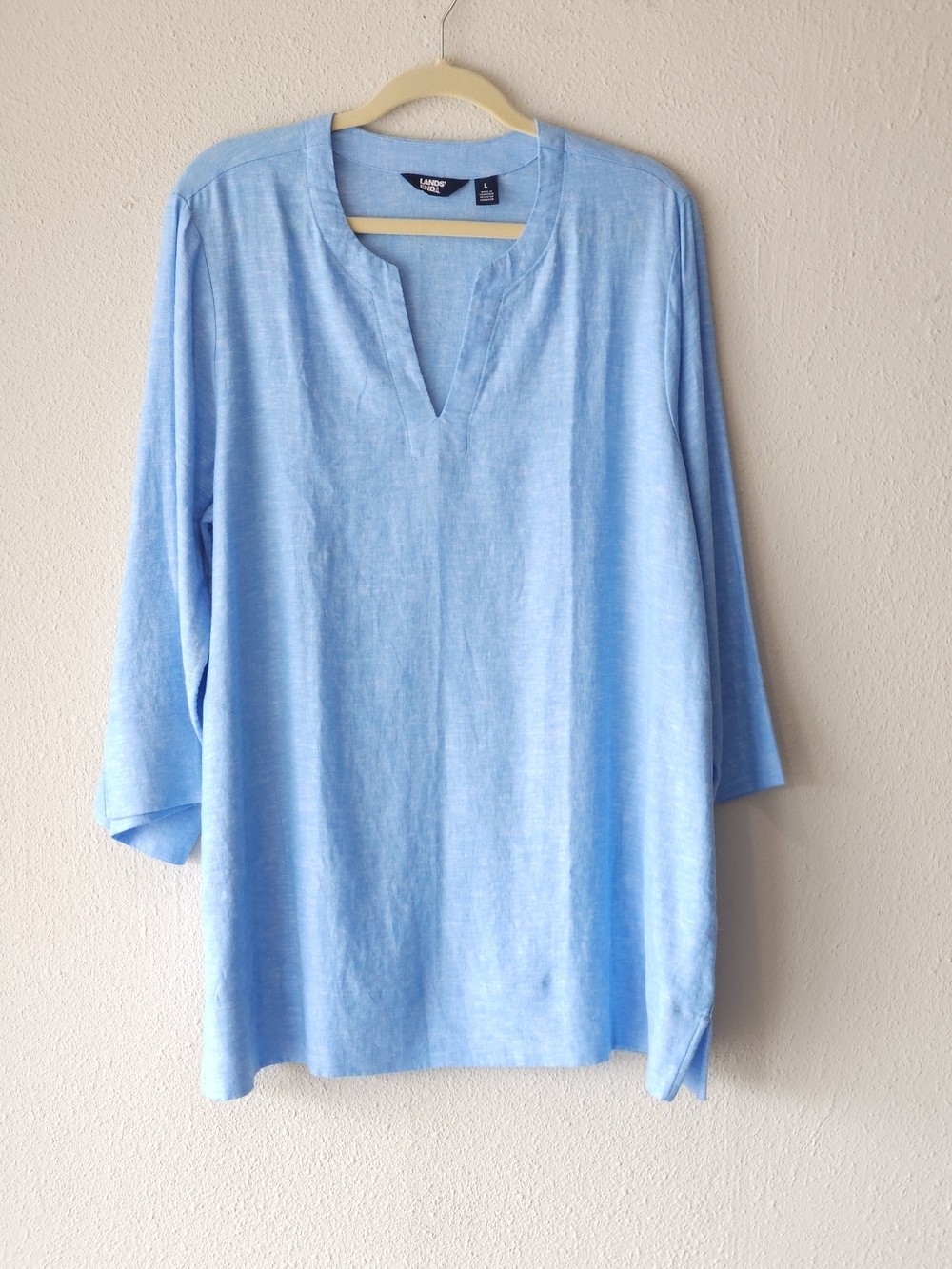 Lands\' End Sky Blue Split V-Neck Tunic Linen-Blend Blouse Lands\' End Sky Blue Split V-Neck Tunic Linen-Blend Blouse