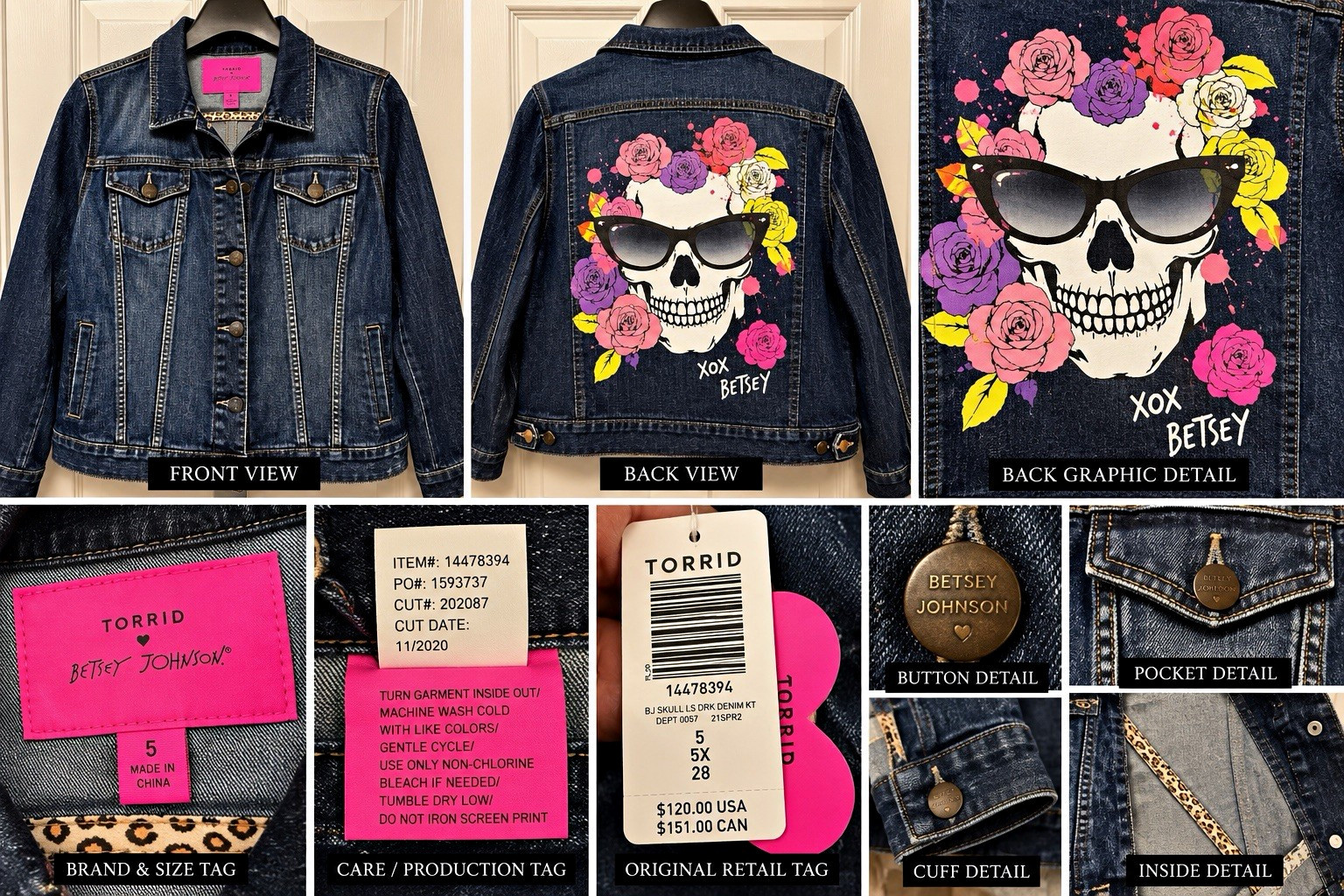 Torrid Betsey Johnson Denim Jacket Women’s 5 5X 28 Skull Roses Graphic NWT Torrid Betsey Johnson Denim Jacket Women’s 5 5X 28 Skull Roses Graphic NWT
