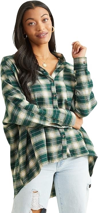 Altar'd State Women's Oversized Button-Up Flannel Shirt Green Plaid Sleeve
