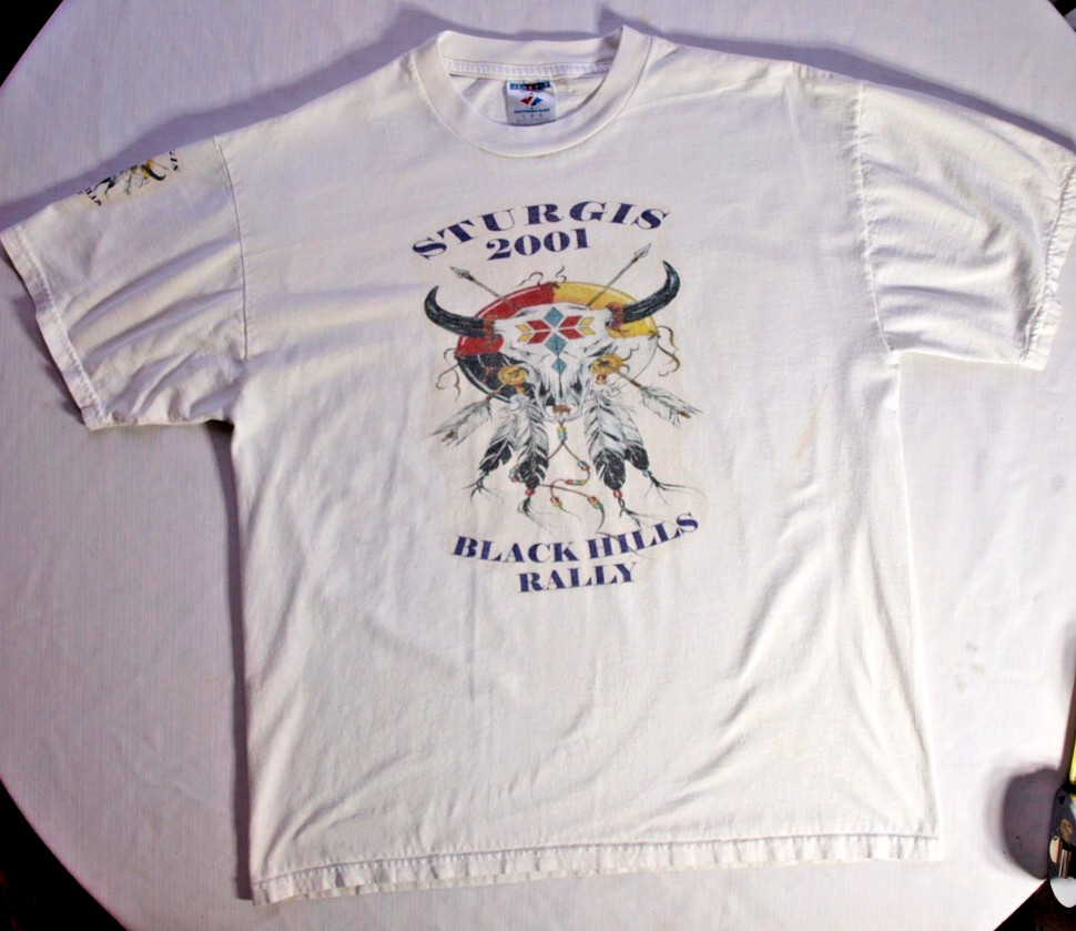 Vintage 2001 Motorcycle T-Shirt Men\'s White Sz:L Sturgis Black Hills \