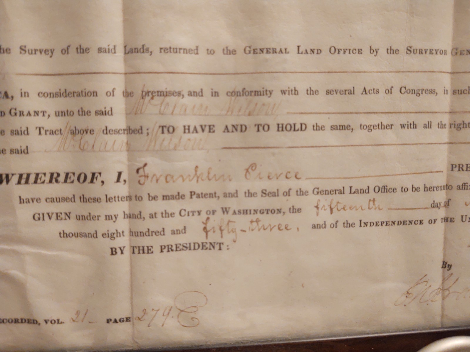 PRESIDENT FRANKLIN PIERCE SIGNED DOCUMENT PRESIDENT FRANKLIN PIERCE SIGNED DOCUMENT