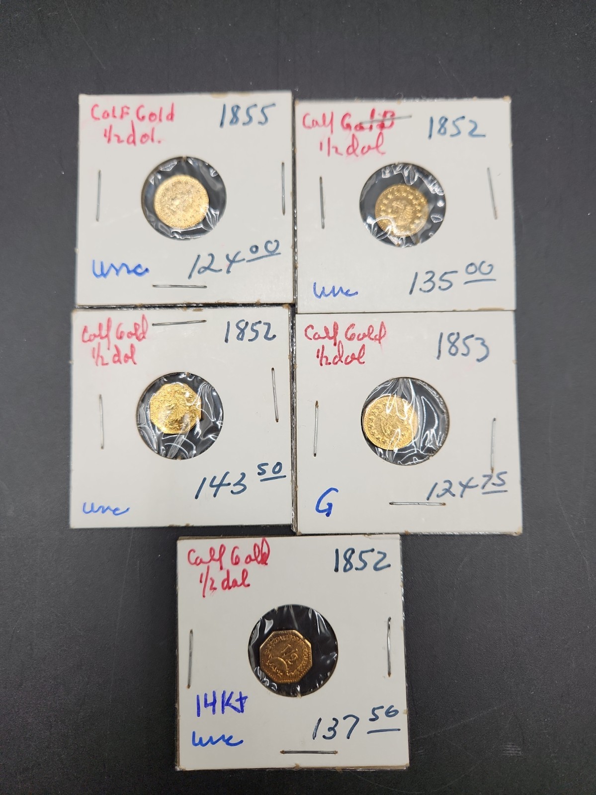 (1) 1855, (1) 1853, (3) 1852 1/2 California Gold Tokens