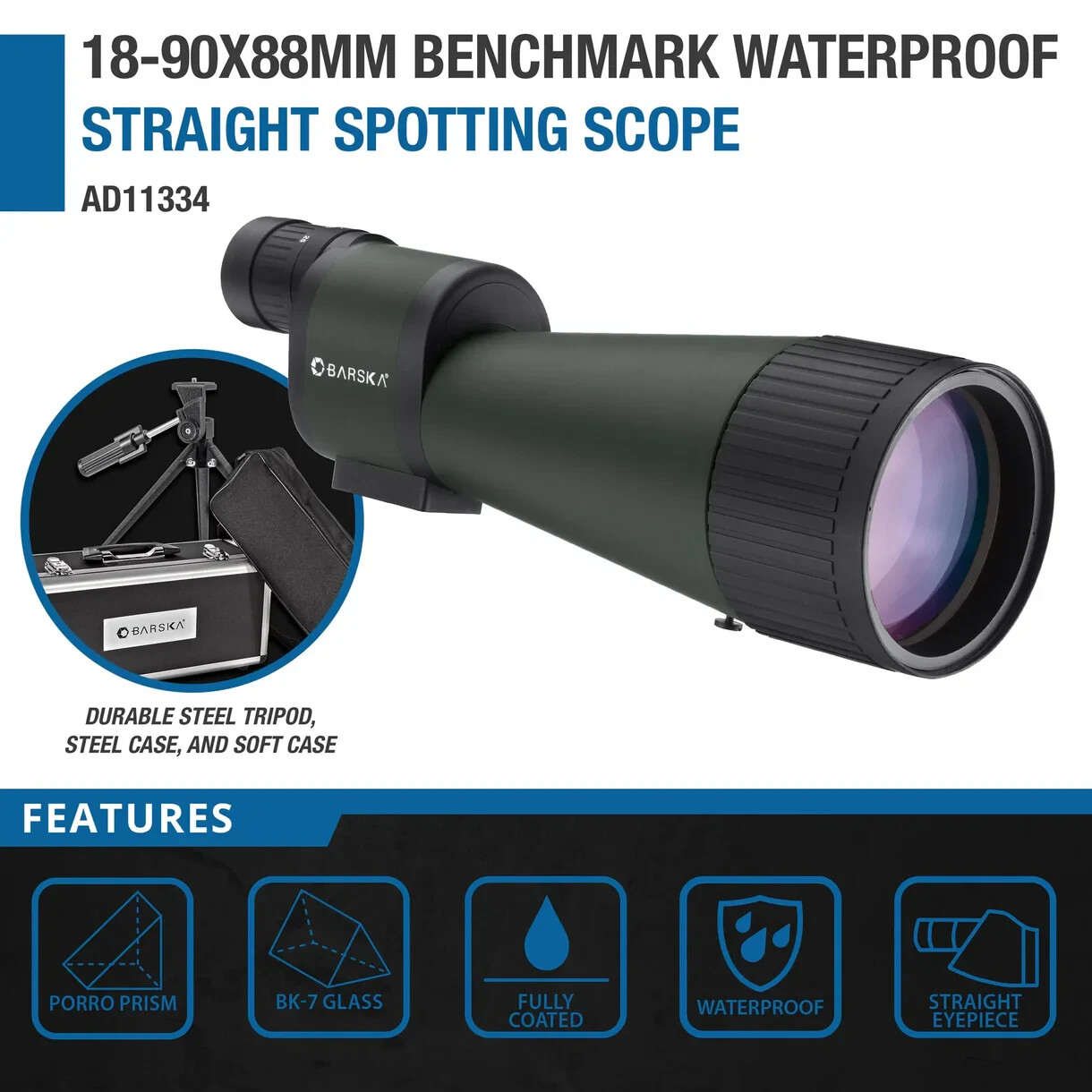 BARSKA Benchmark Zoom 18-90x 88mm Waterproof Spotting Scope + Tripod & Steel