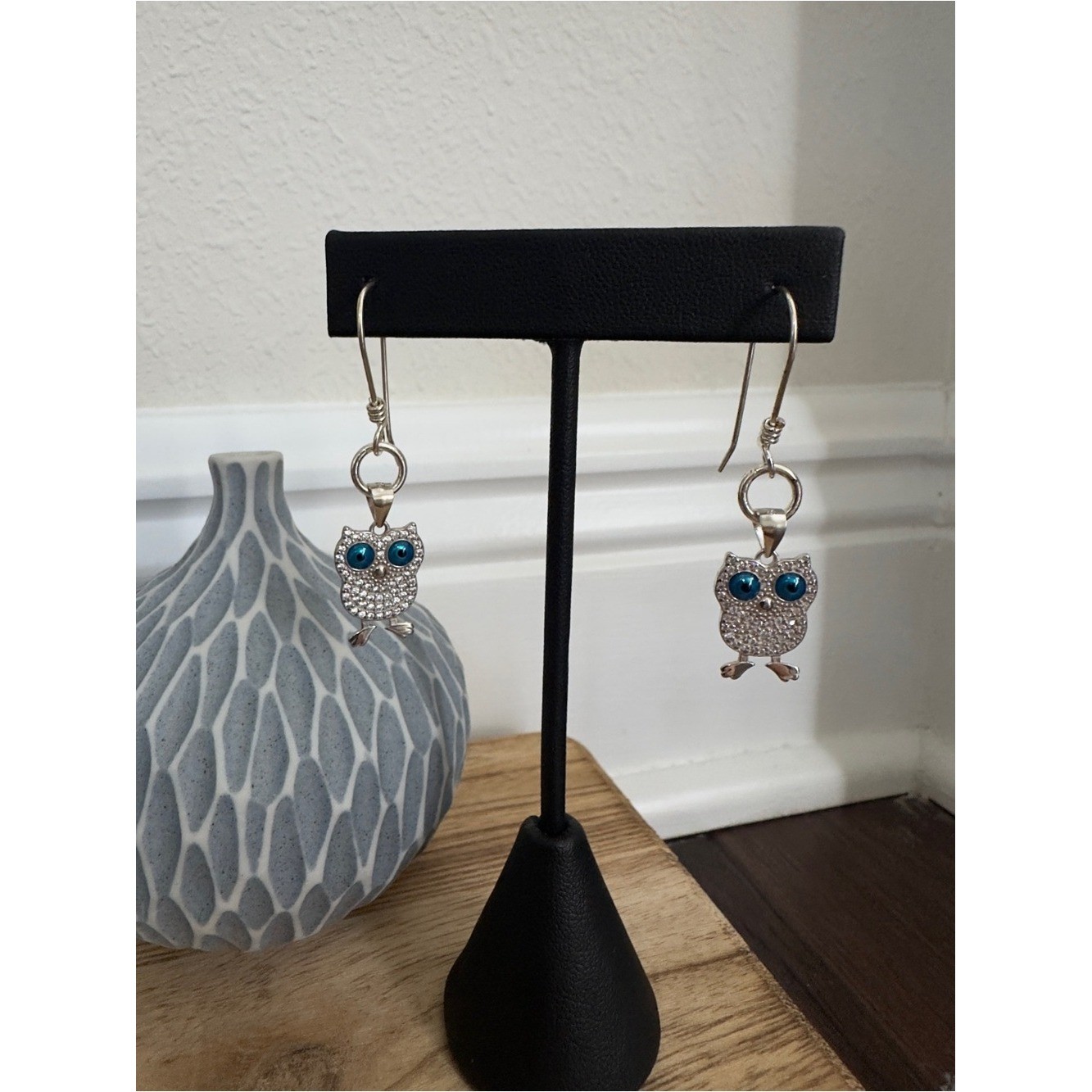 NWOT Sterling Silver Owl Drop Earrings with Crystal s and Blue-green Eyes NWOT Sterling Silver Owl Drop Earrings with Crystal s and Blue-green Eyes