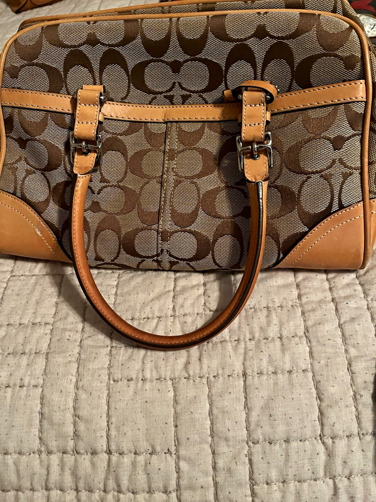 Coach Signature Brown/Tan Satchel Top Handle Bag w/ Buckle & Stitching Coach Signature Brown/Tan Satchel Top Handle Bag w/ Buckle & Stitching