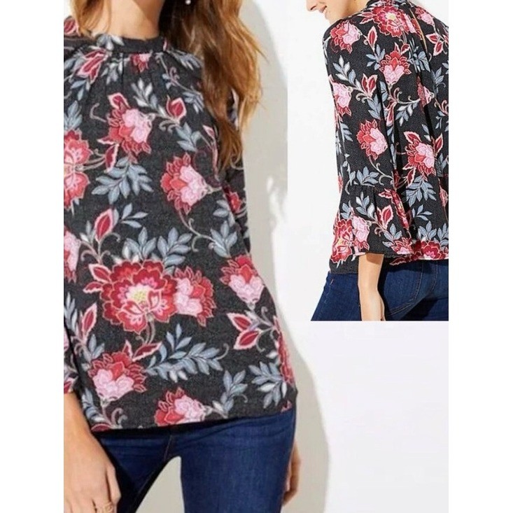 LOFT Garden Floral Bell Sleeve Mock Neck Blouse Black Pink Red Size M