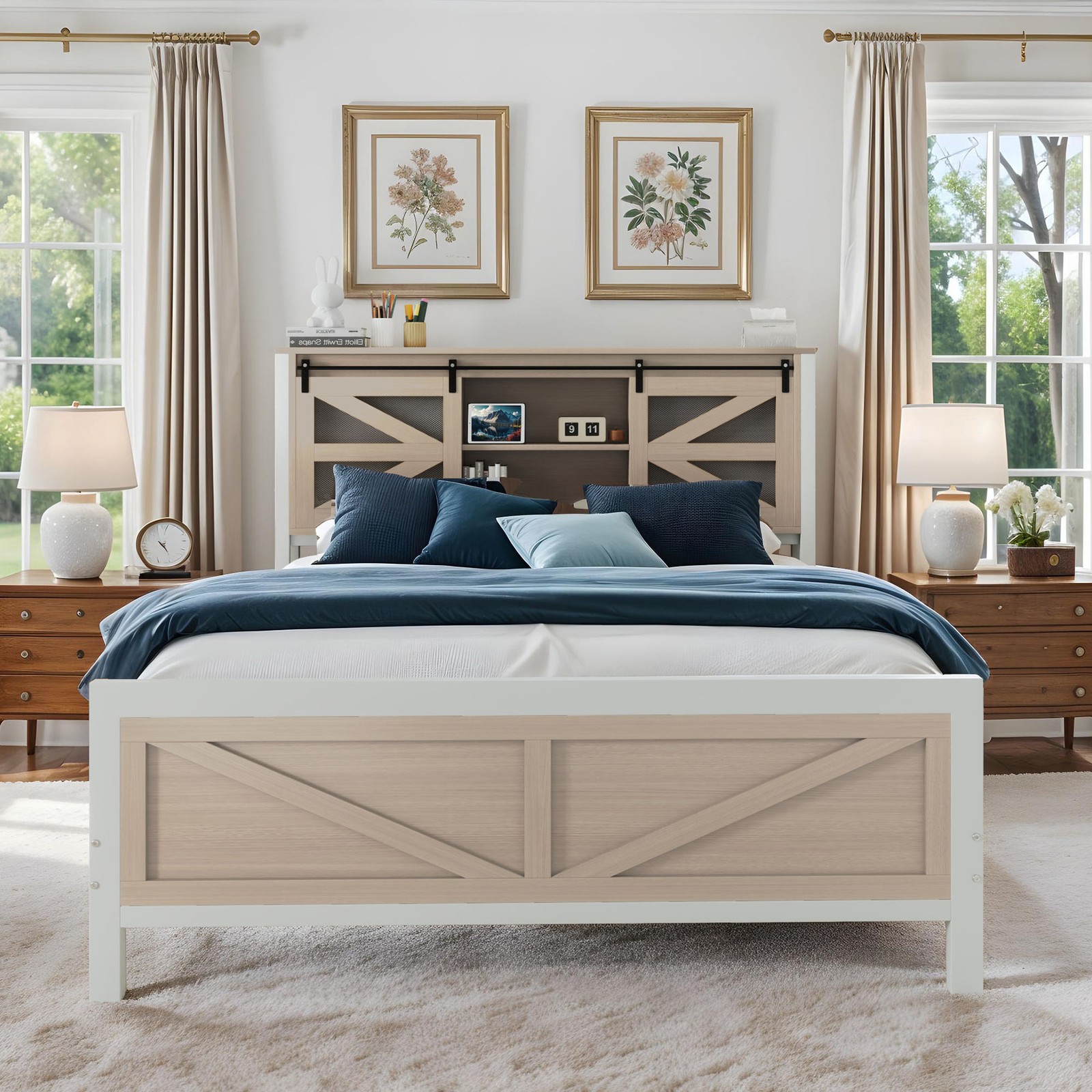 Queen Modern Farmhouse Platform Bed Frame Oak Brown 81\ Queen Modern Farmhouse Platform Bed Frame Oak Brown 81\