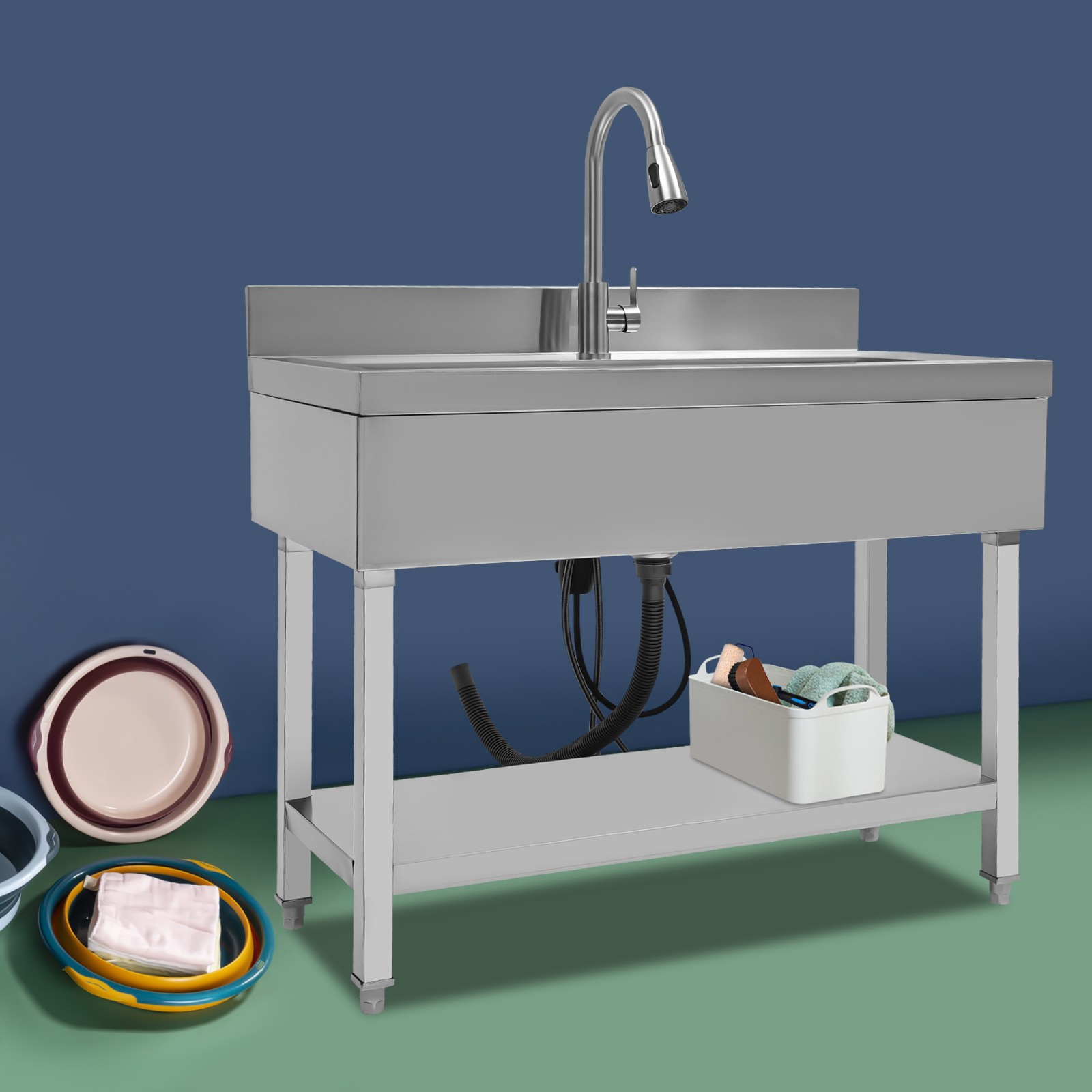 Commercial Sink Stainless Steel Utility Sink Single Bowl Kitchen Sink w/ Faucet