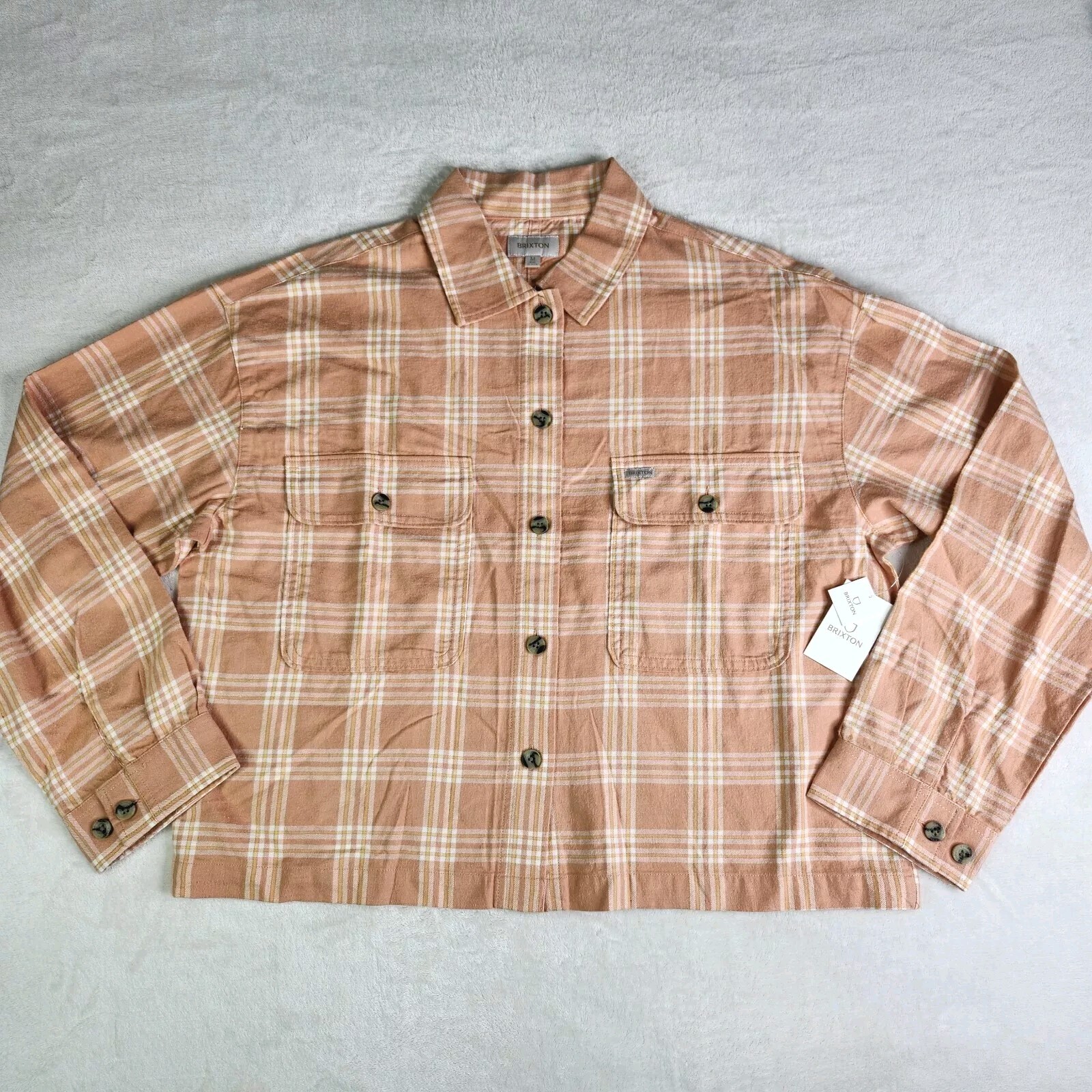 NEW Brixton Bowery Women M Peach White Cropped Check Plaid Flannel Shirt Relax