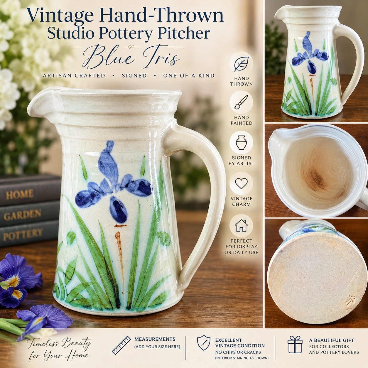 Vintage Hand Thrown Studio Pottery Pitcher Blue Iris Flower Signed Artist 8.5\
