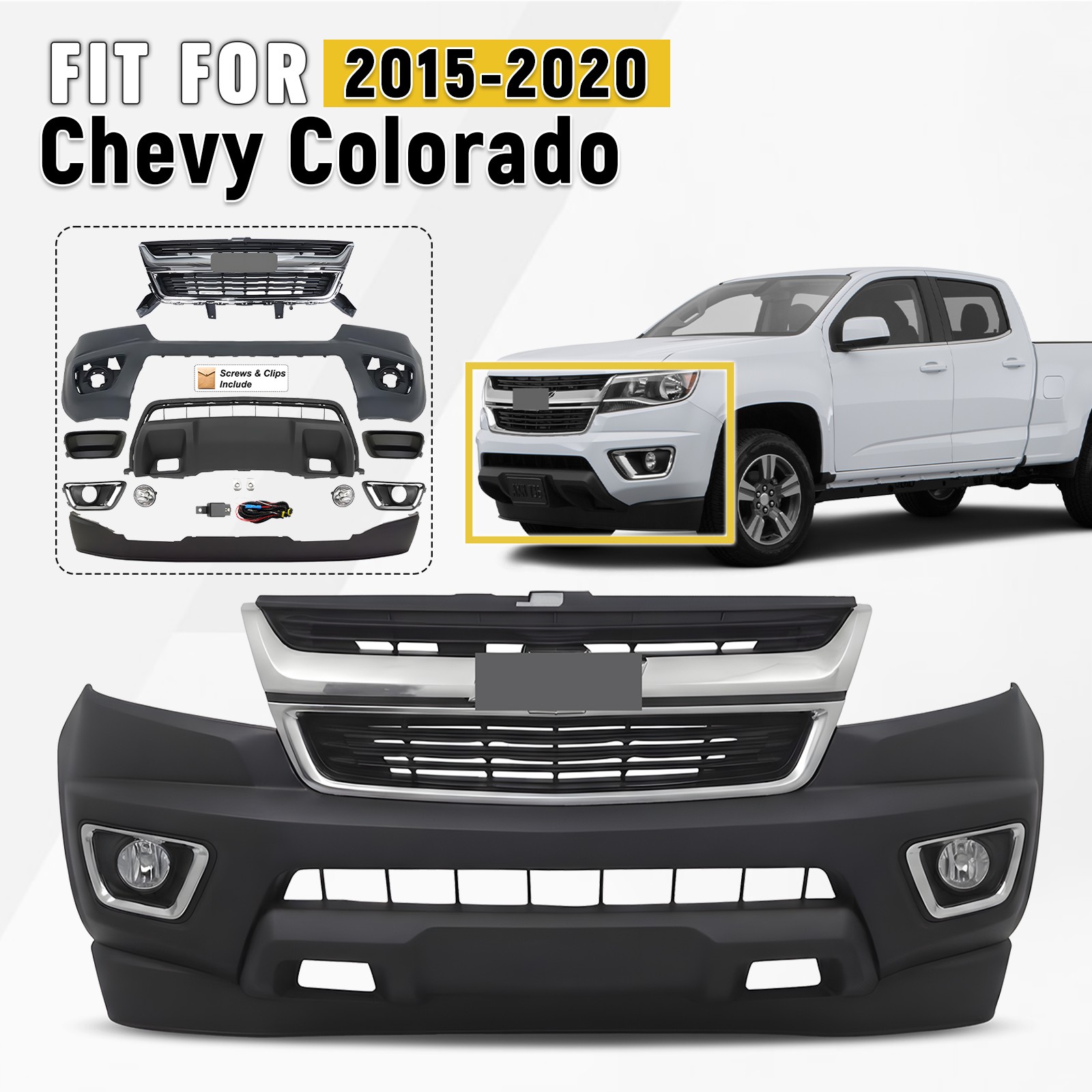 Front Bumper Cover Assembly Grille kit For 2015-2020 Chevy Colorado w/ Fog Light Front Bumper Cover Assembly Grille kit For 2015-2020 Chevy Colorado w/ Fog Light