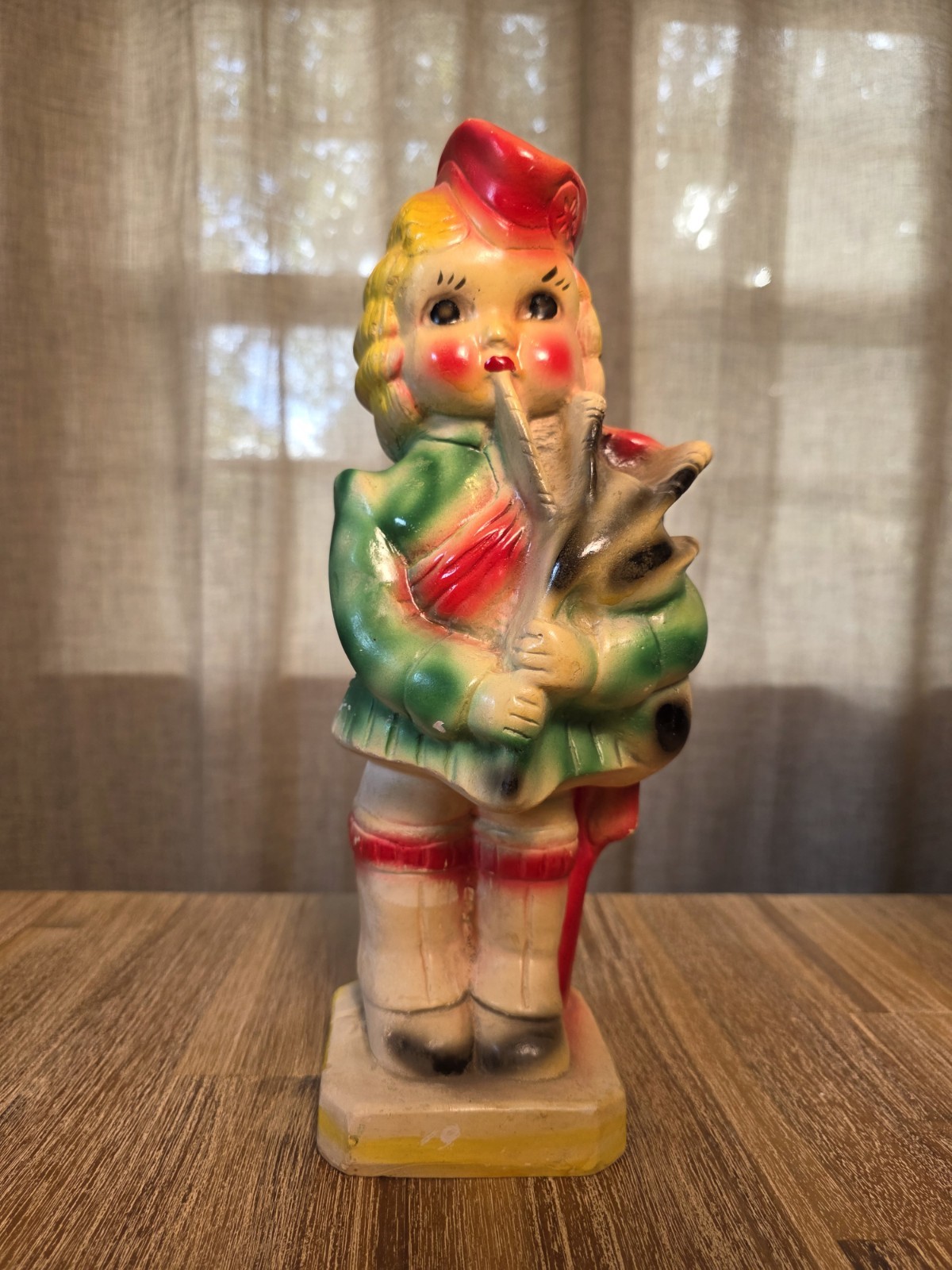 Vintage 1940s Carnival Chalkware Scottish Bagpiper Girl Statue 15” Kilt Plaster