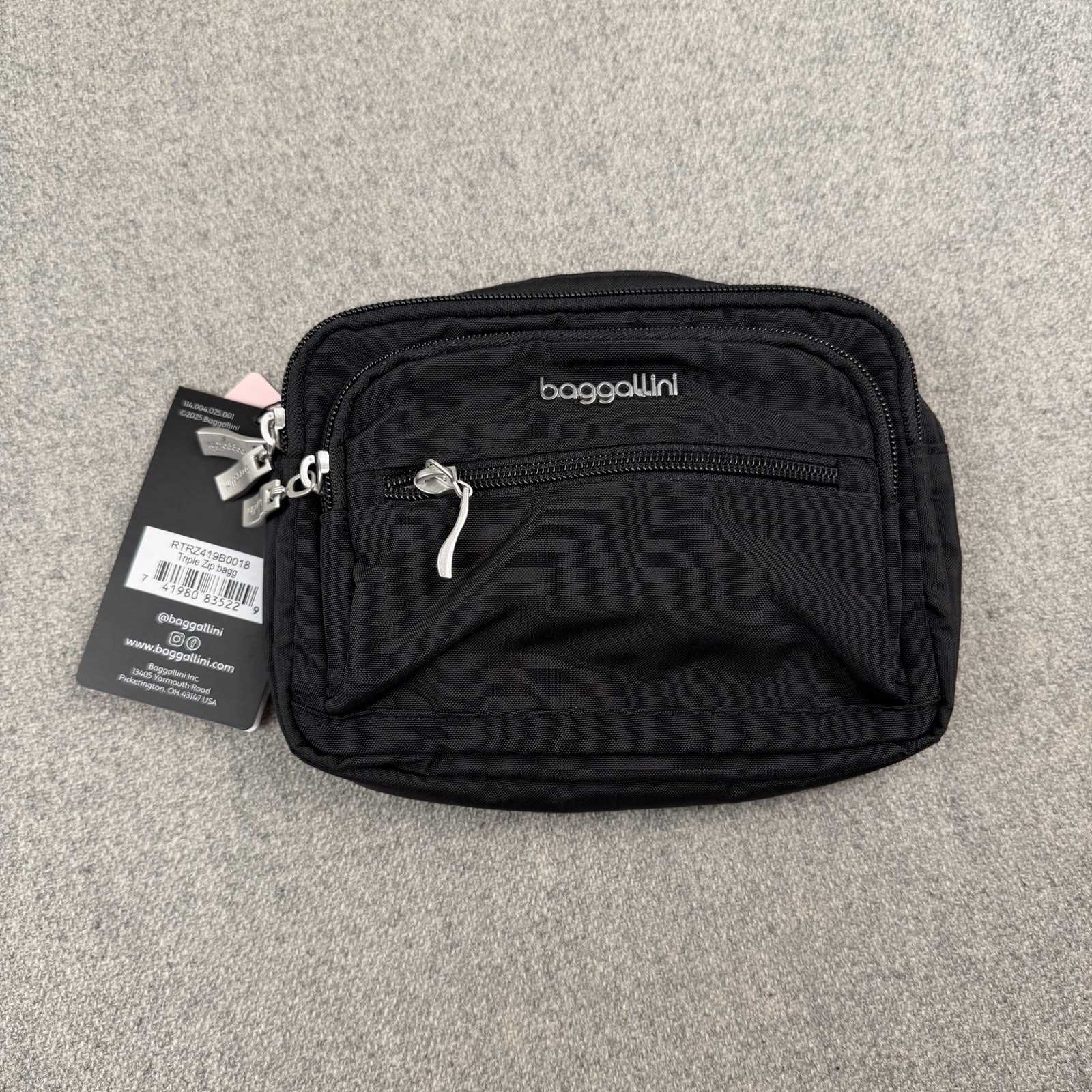 Baggallini Triple Zip Bag Bagg Crossbody Black Washable Pockets Small NWT