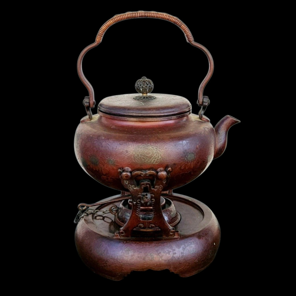 Antique Japanese Meiji period Copper Spirit Kettle Tea Set Burner Stand Ornate
