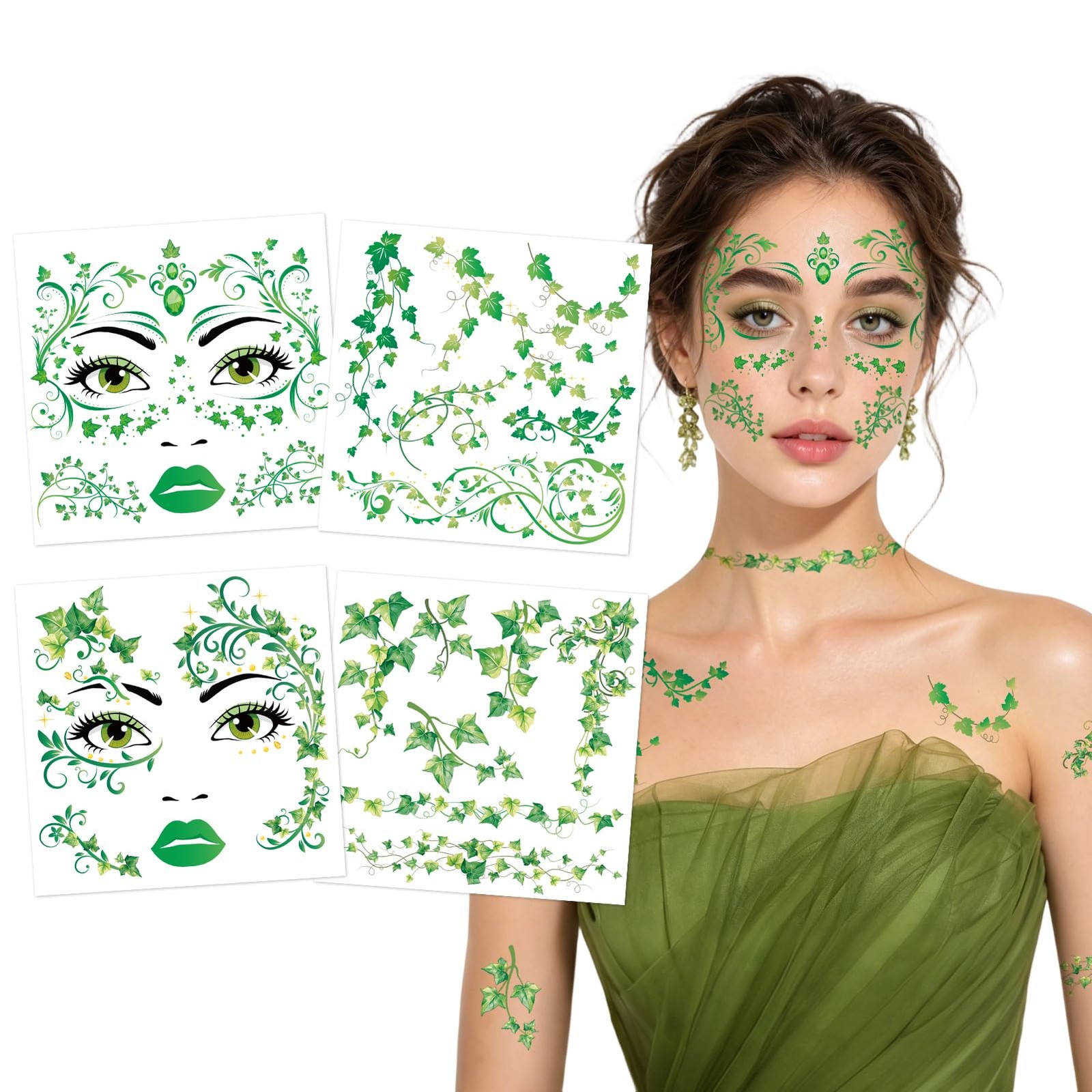 Halloween Ivy Leaf Face Temporary Tattoos, 4 Sheets Green Vine Plant Face Sticke Halloween Ivy Leaf Face Temporary Tattoos, 4 Sheets Green Vine Plant Face Sticke