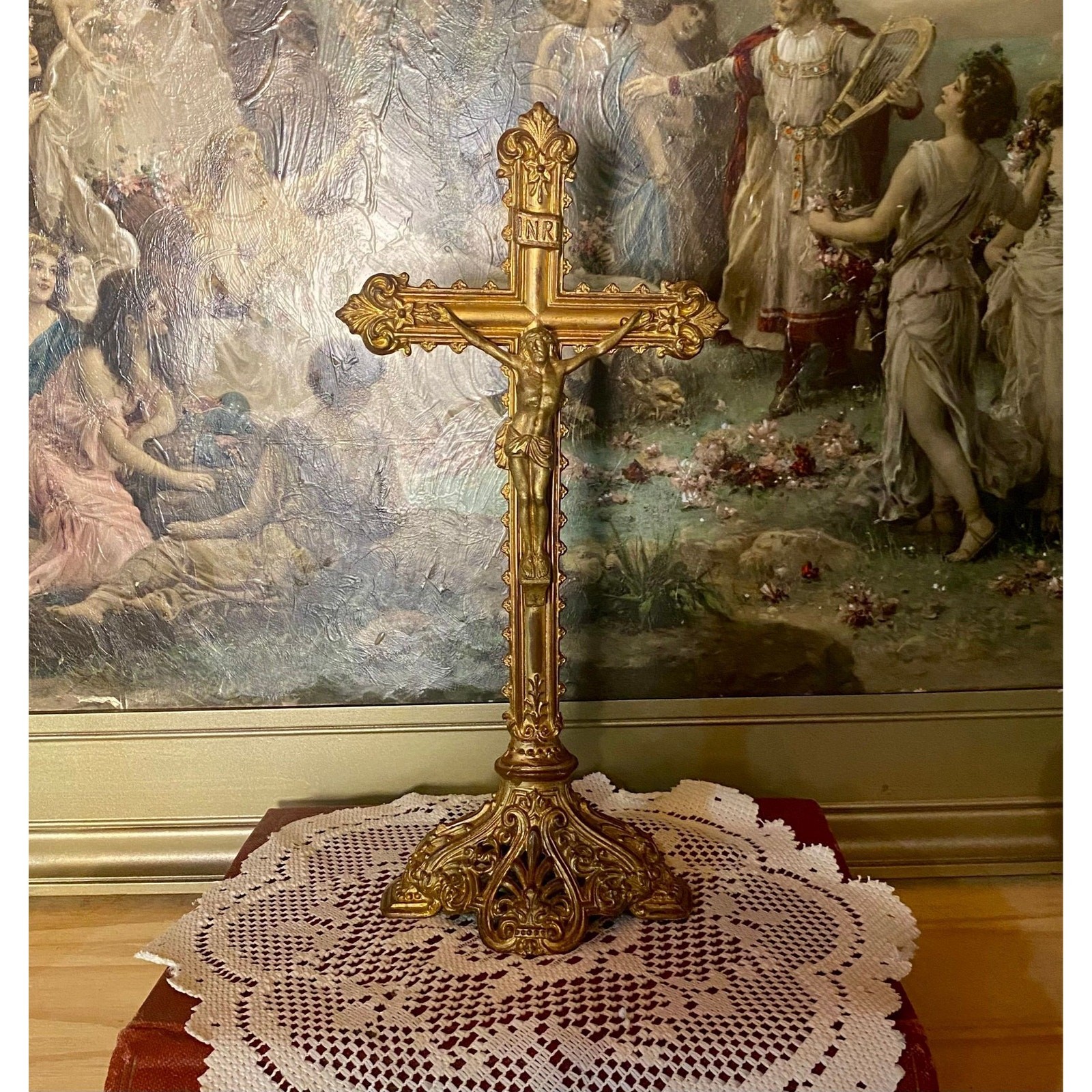 Antique Early 1900s Gothic Revival Standing Crucifix Gold Altar Cross 12”
