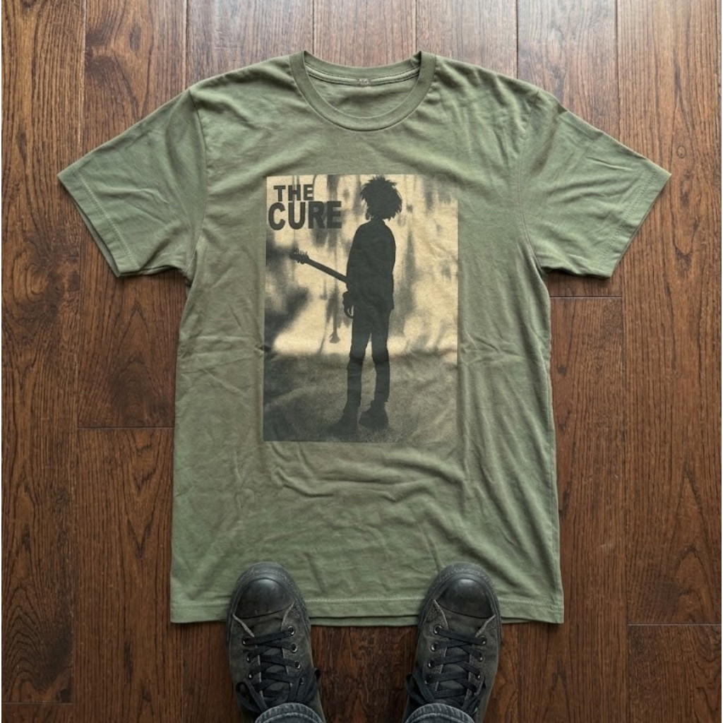 The Cure Band T-Shirt Robert Smith Guitar Silhouette Olive Green Mens