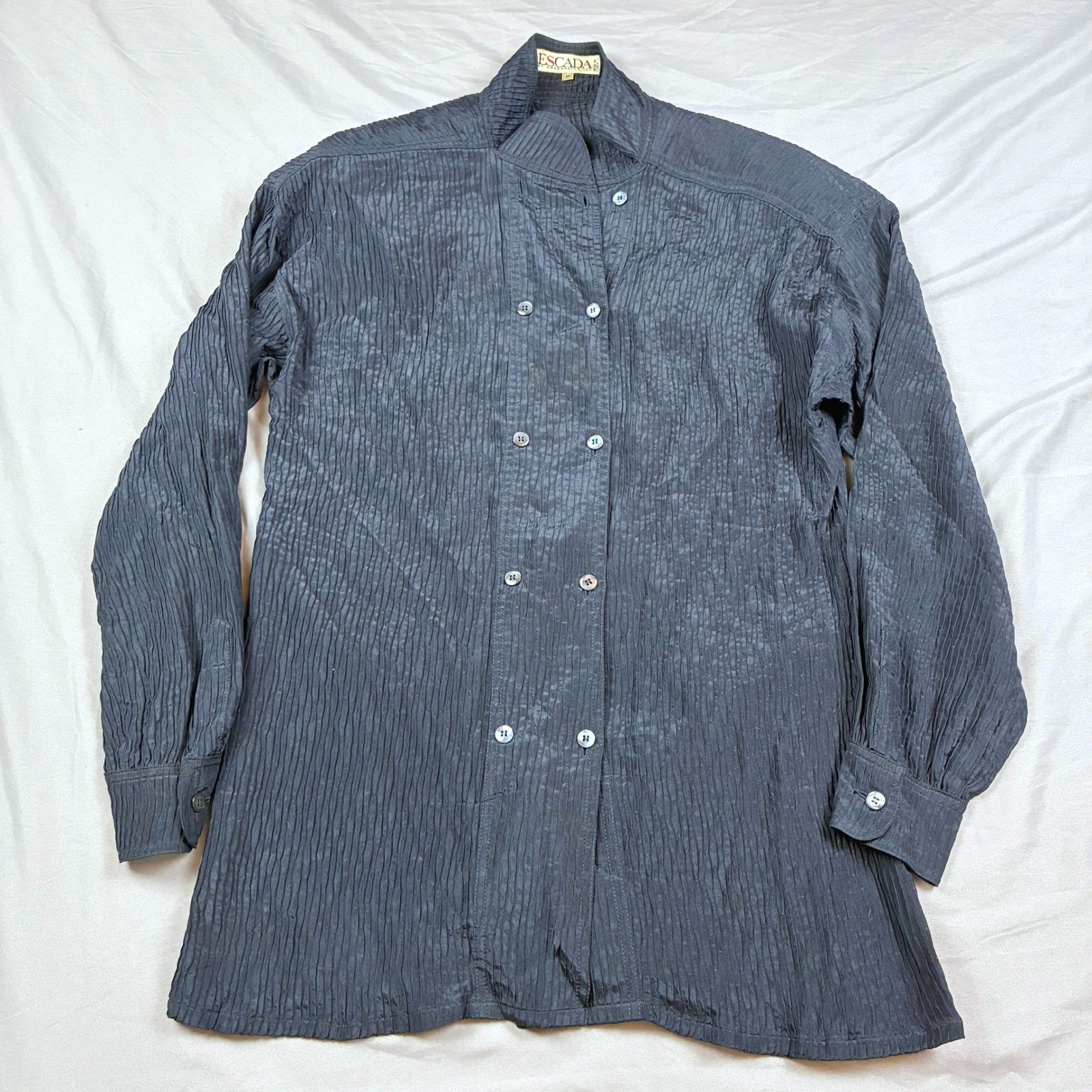 Escada Blouse Womens 38 Black Crinkled Pleated Double Breasted VTG Blouse Italy