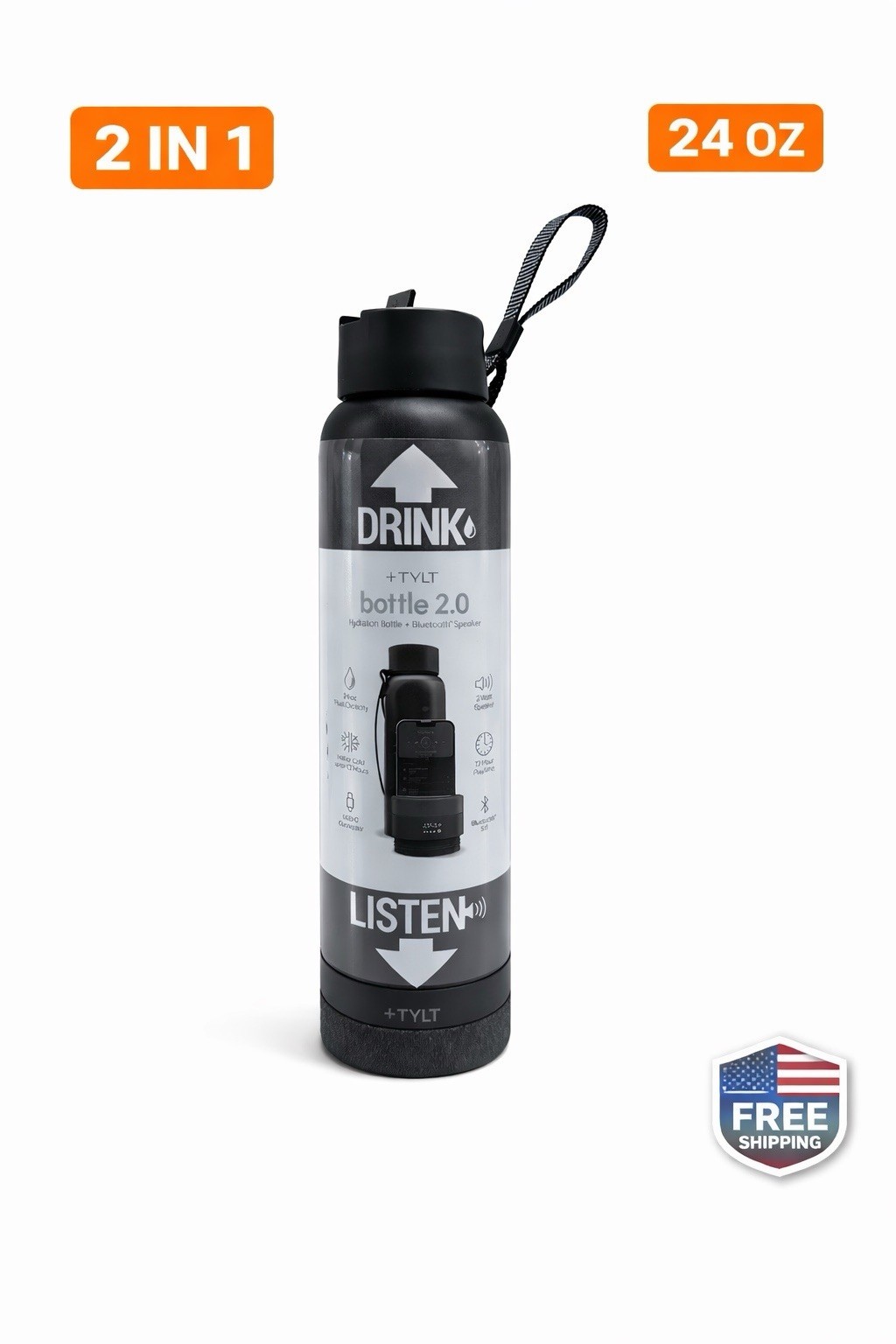 TYLT Bottle 2.0 24oz Bluetooth Speaker Water Bottle 2-in-1 Portable