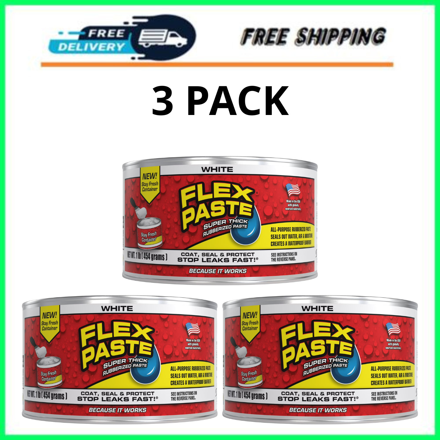 Flex Paste Super Thick Rubber Paste Sealant, 8.75 fl oz, White, 3 Pack