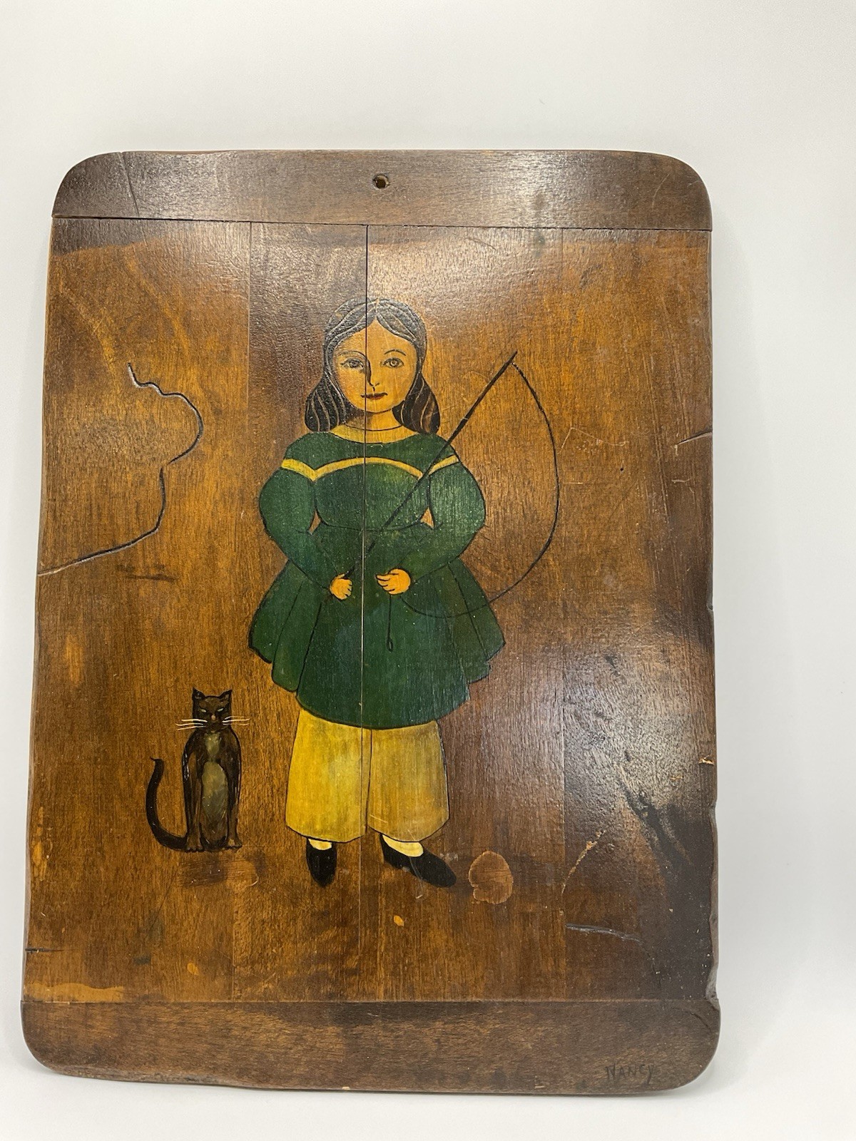 Vtg. Primitive Folk Art Painting on Wood Panel Signed Nancy Glatthaar Girl & Cat