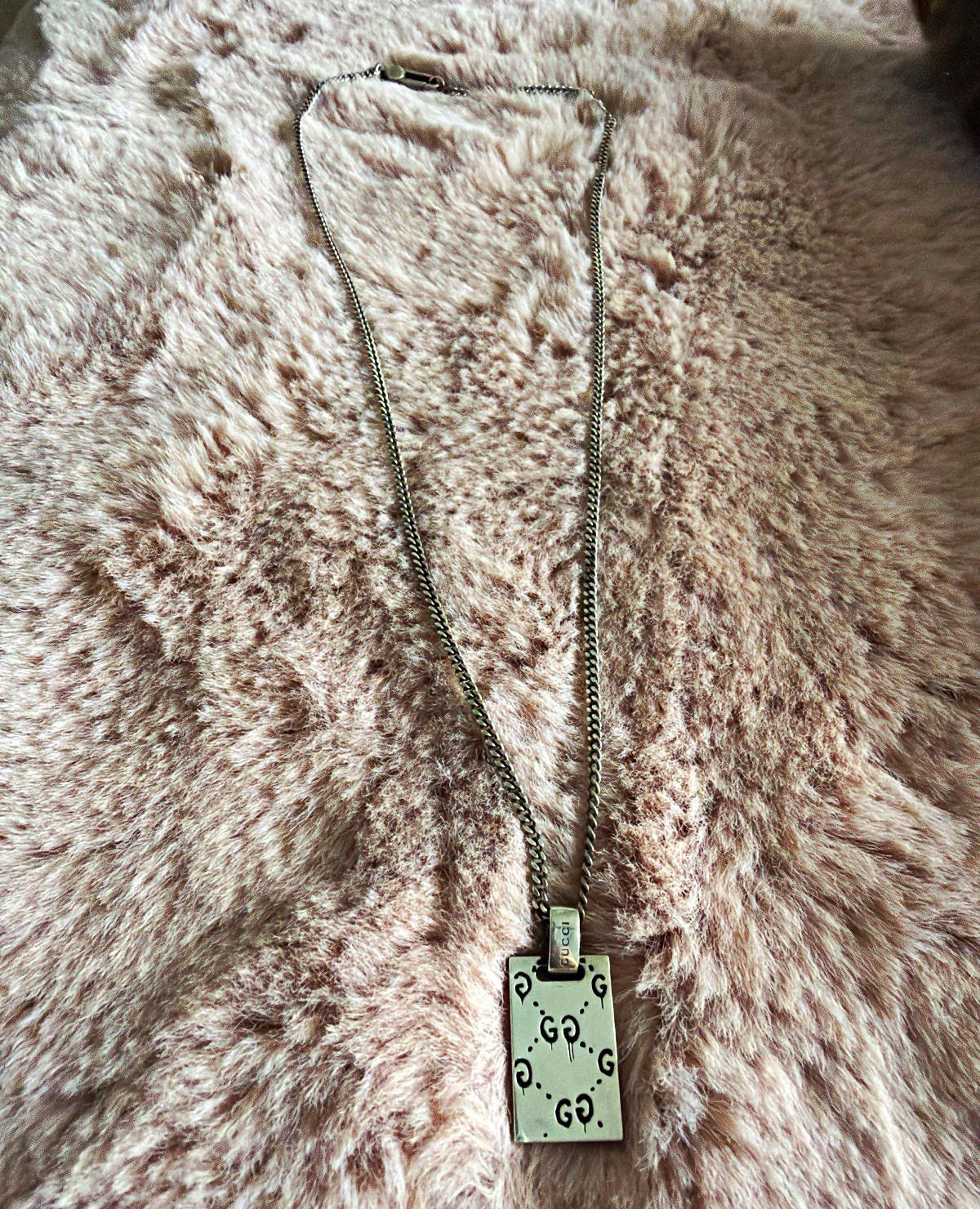 Gucci Silver GG Logo Rectangle Pendant Dog Tag Necklace