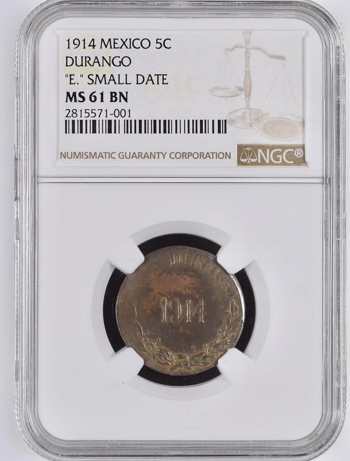 Rare Mexico 1914 Durango 5C ‘E’ Sm Date NGC MS61 BN, Rarely Seen, Mostly LG date Rare Mexico 1914 Durango 5C ‘E’ Sm Date NGC MS61 BN, Rarely Seen, Mostly LG date