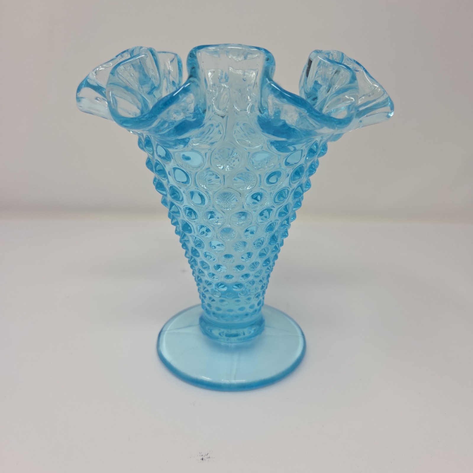 Vintage Fenton Glass Hobnail Opalescent Aqua Blue Ruffled Fluted Vase 5.75” Tall