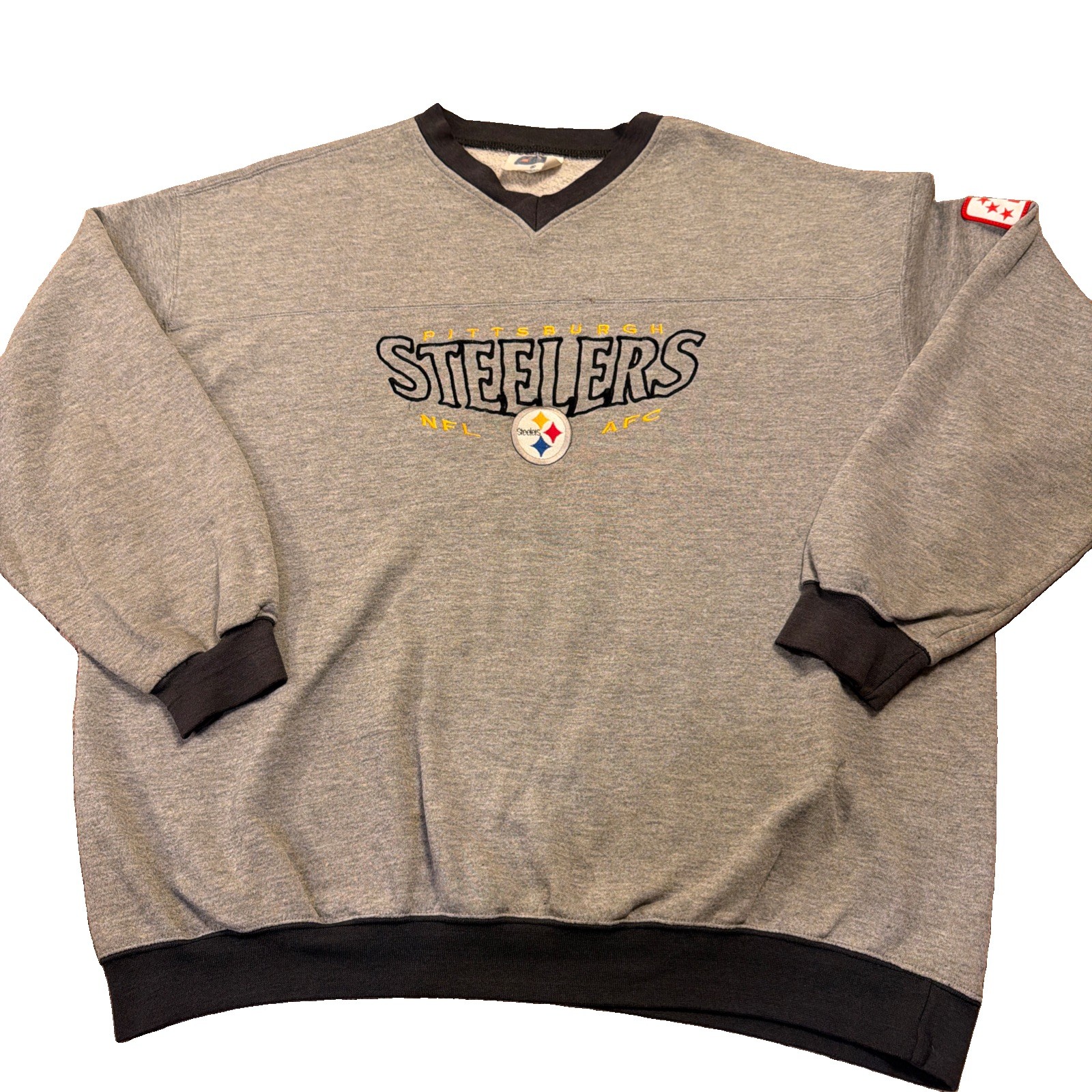 Vintage Pittsburgh Steelers Sweatshirt V-Neck Grey Blue Trim Embroidered NFL AFC
