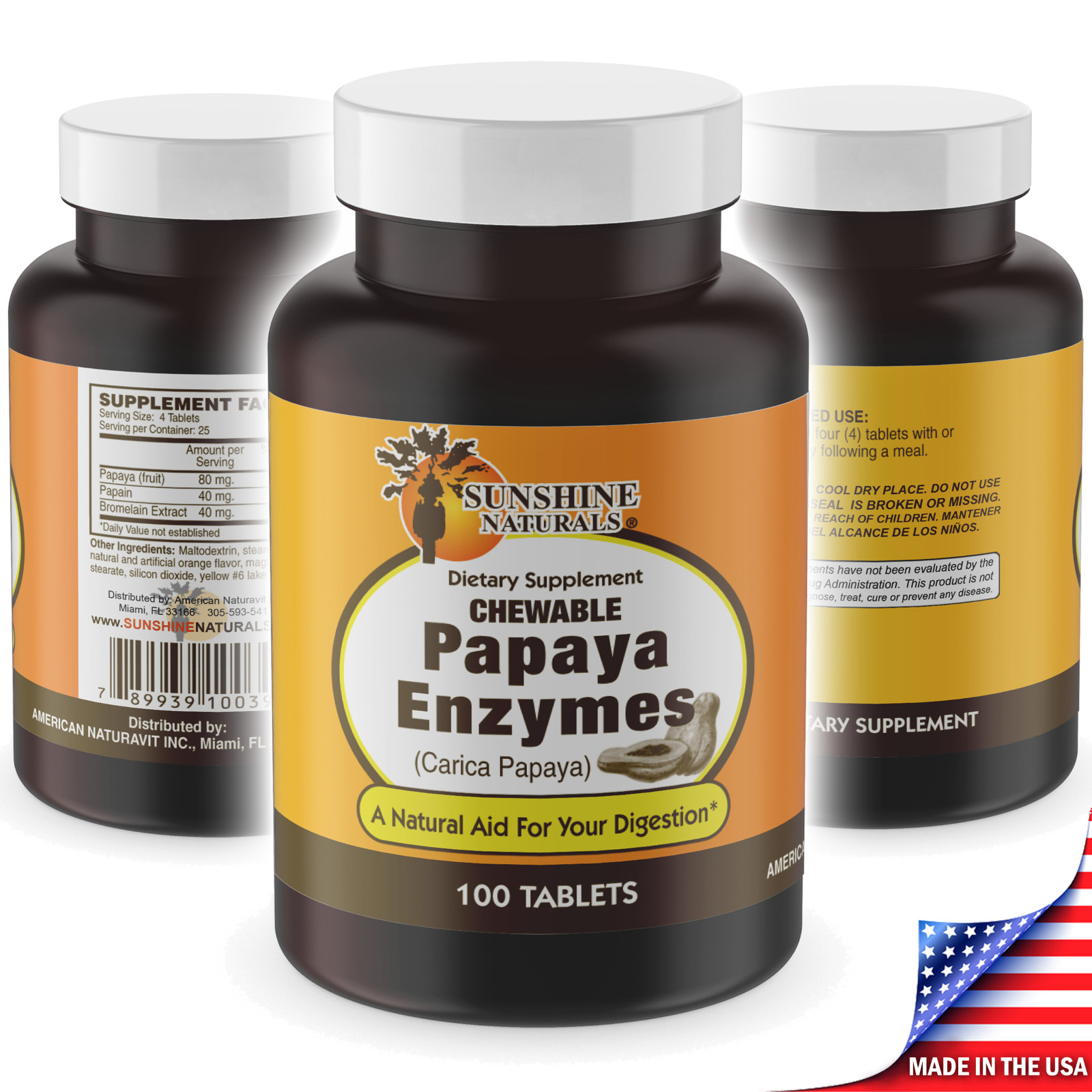 Sunshine Naturals Papaya Enzymes 100 Tablets Made in the USA