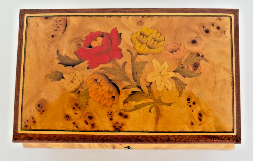 Vtg Italian Burl Wood Red Flower Musical Jewelry Box Sorrento